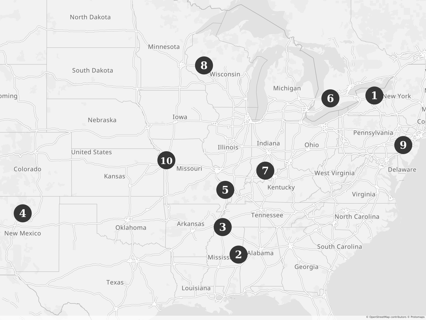 Map showing locations of recent project announcements