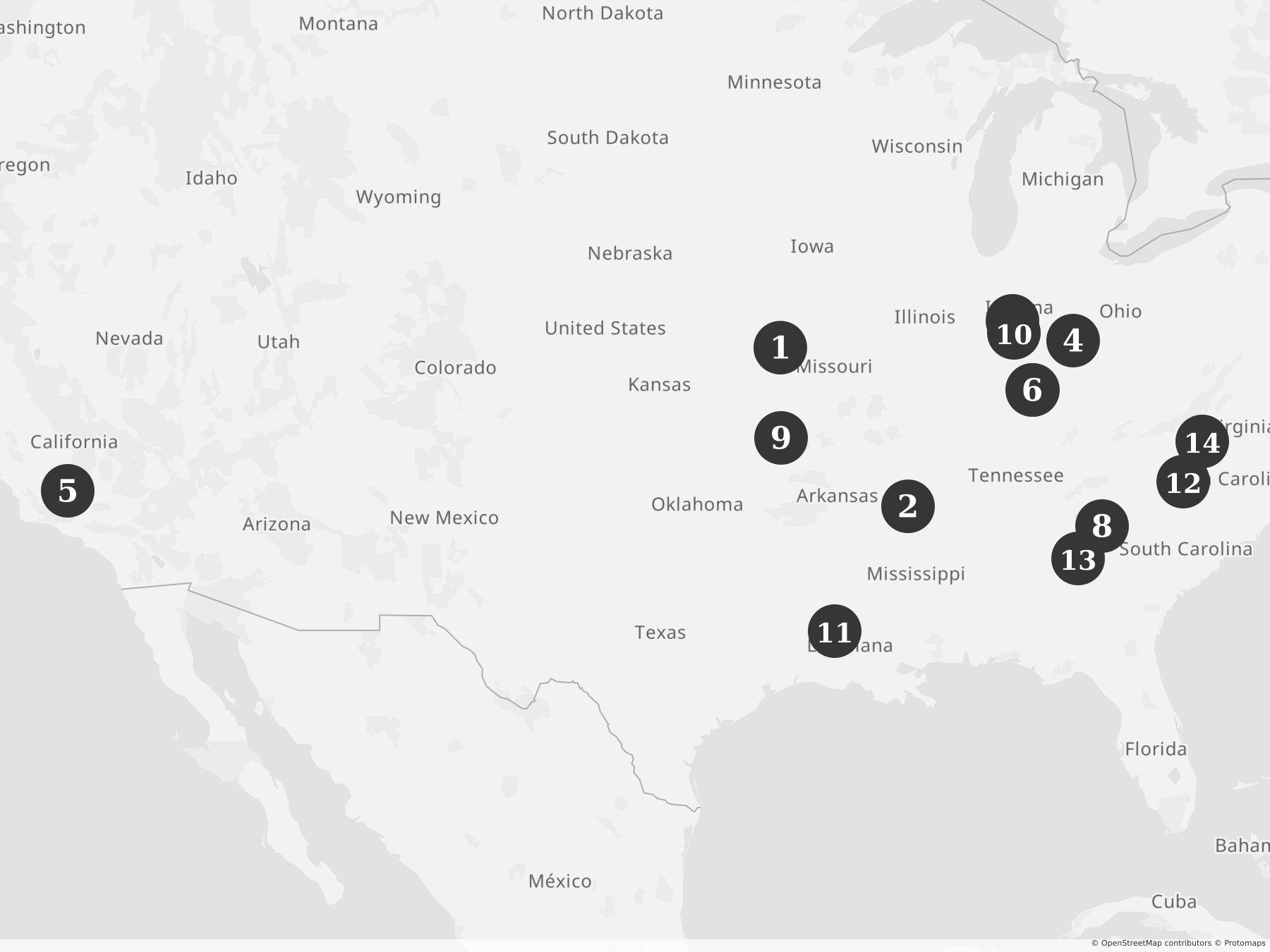 Map showing locations of recent project announcements