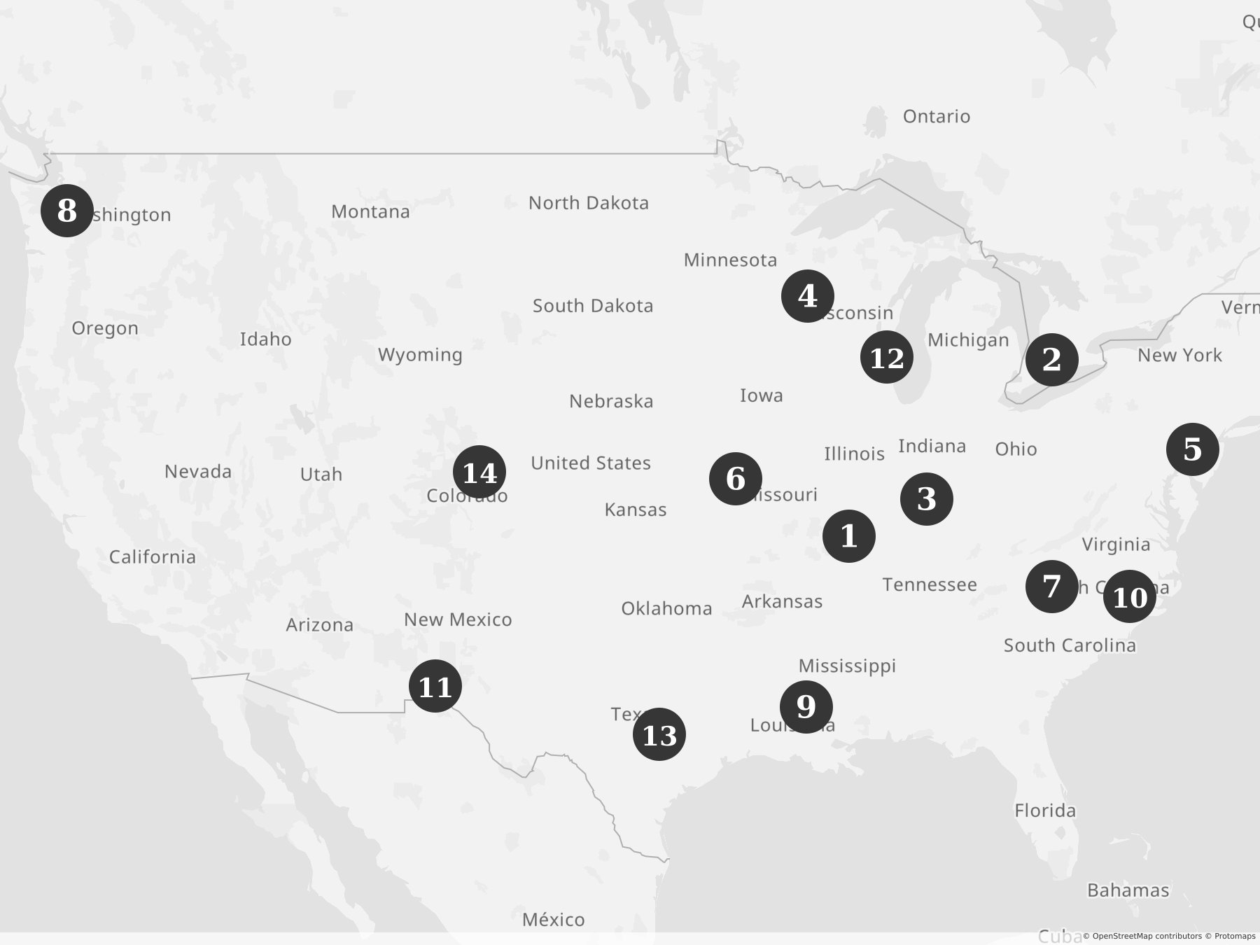 Map showing locations of recent project announcements