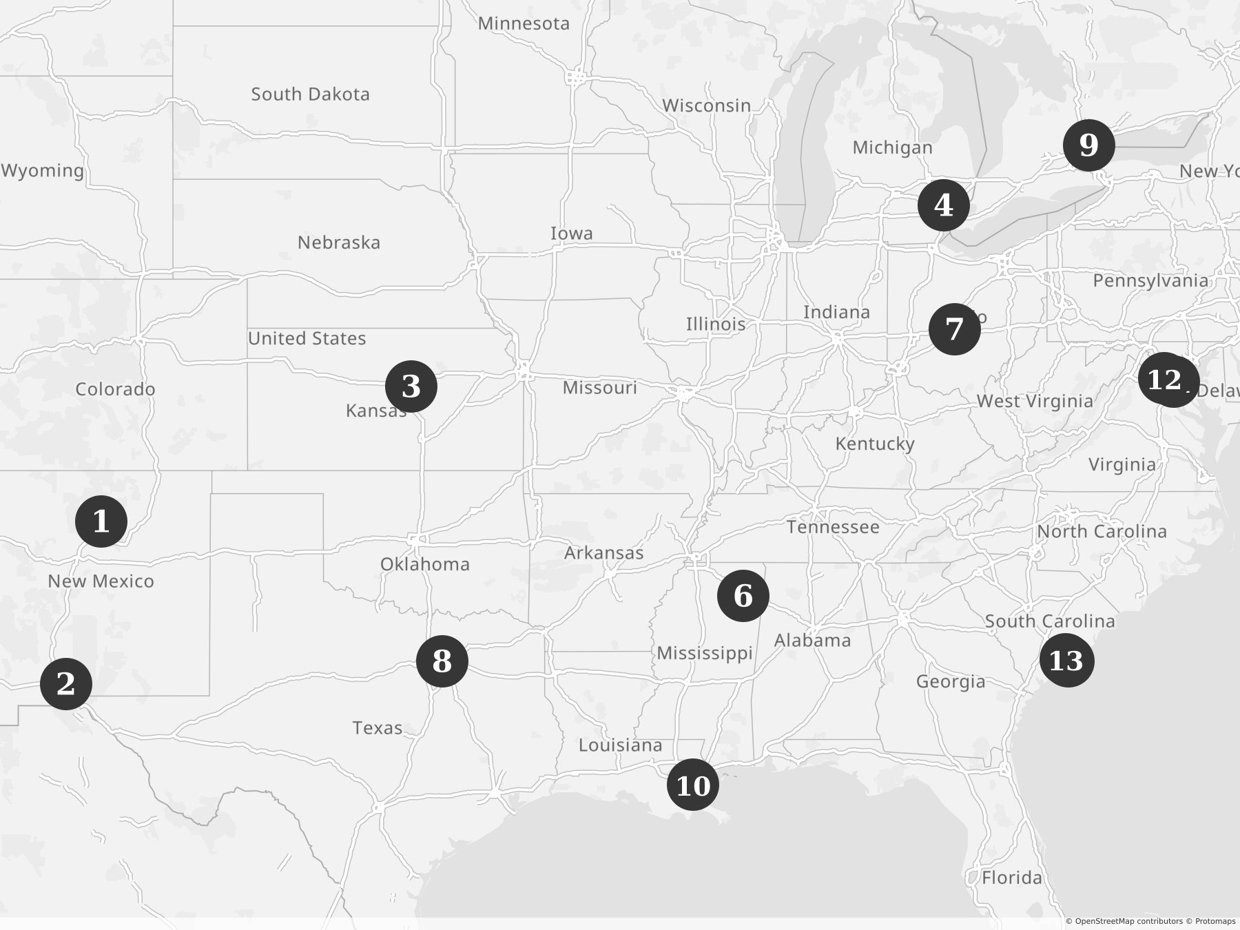Map showing locations of recent project announcements