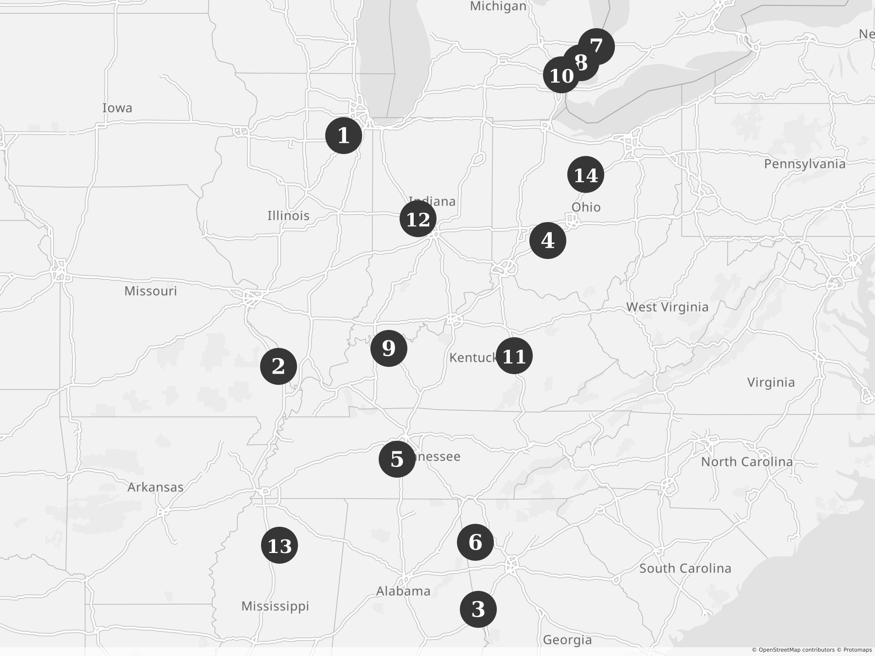 Map showing locations of recent project announcements