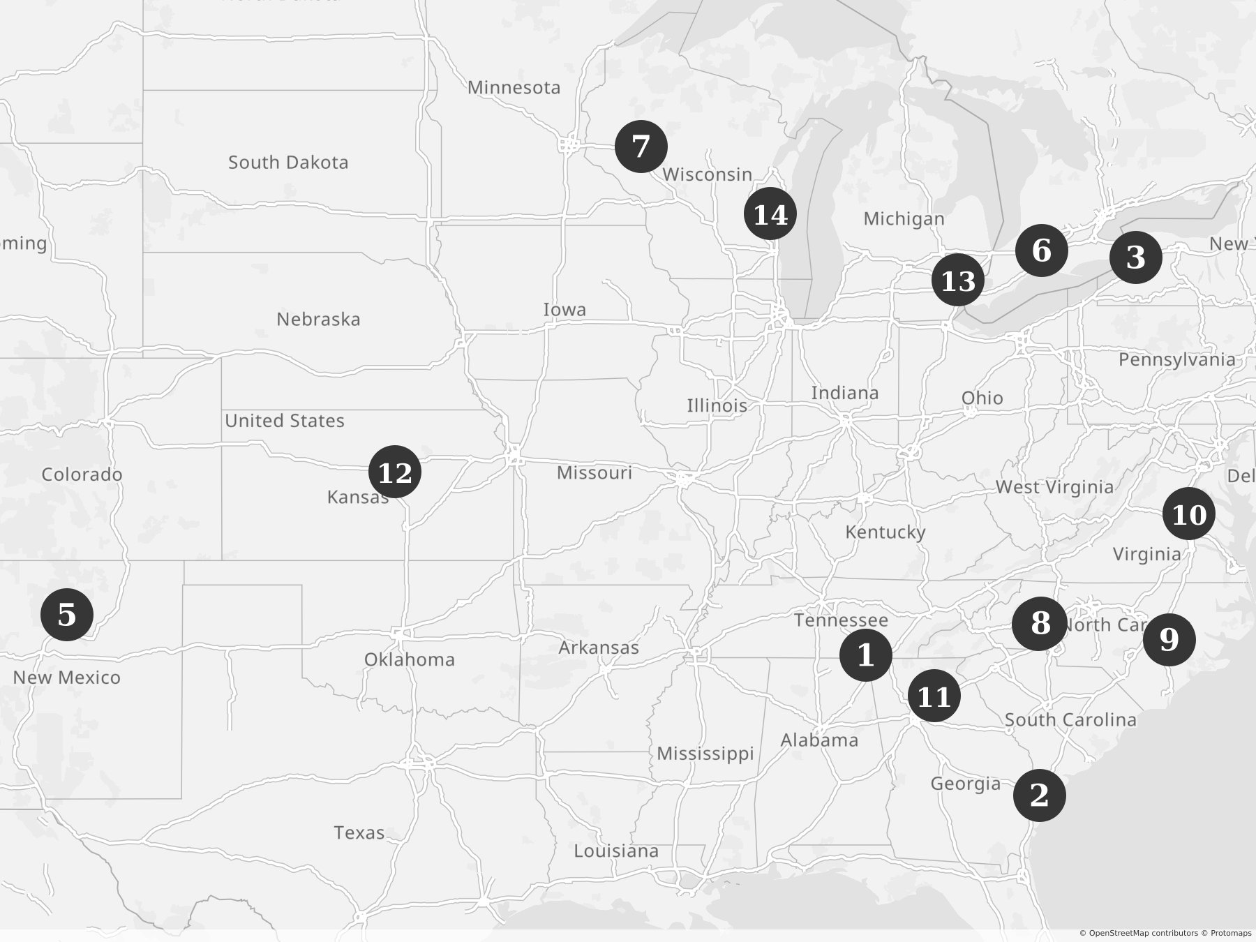 Map showing locations of recent project announcements