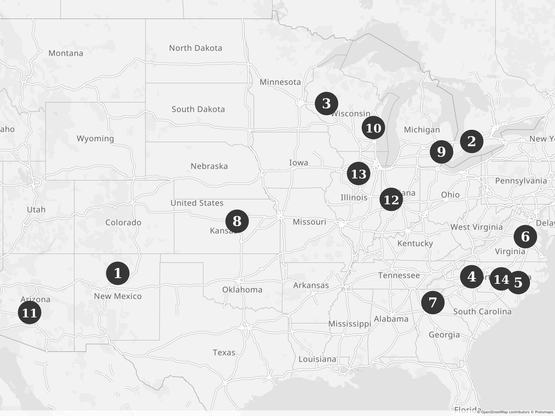 Map showing locations of recent project announcements