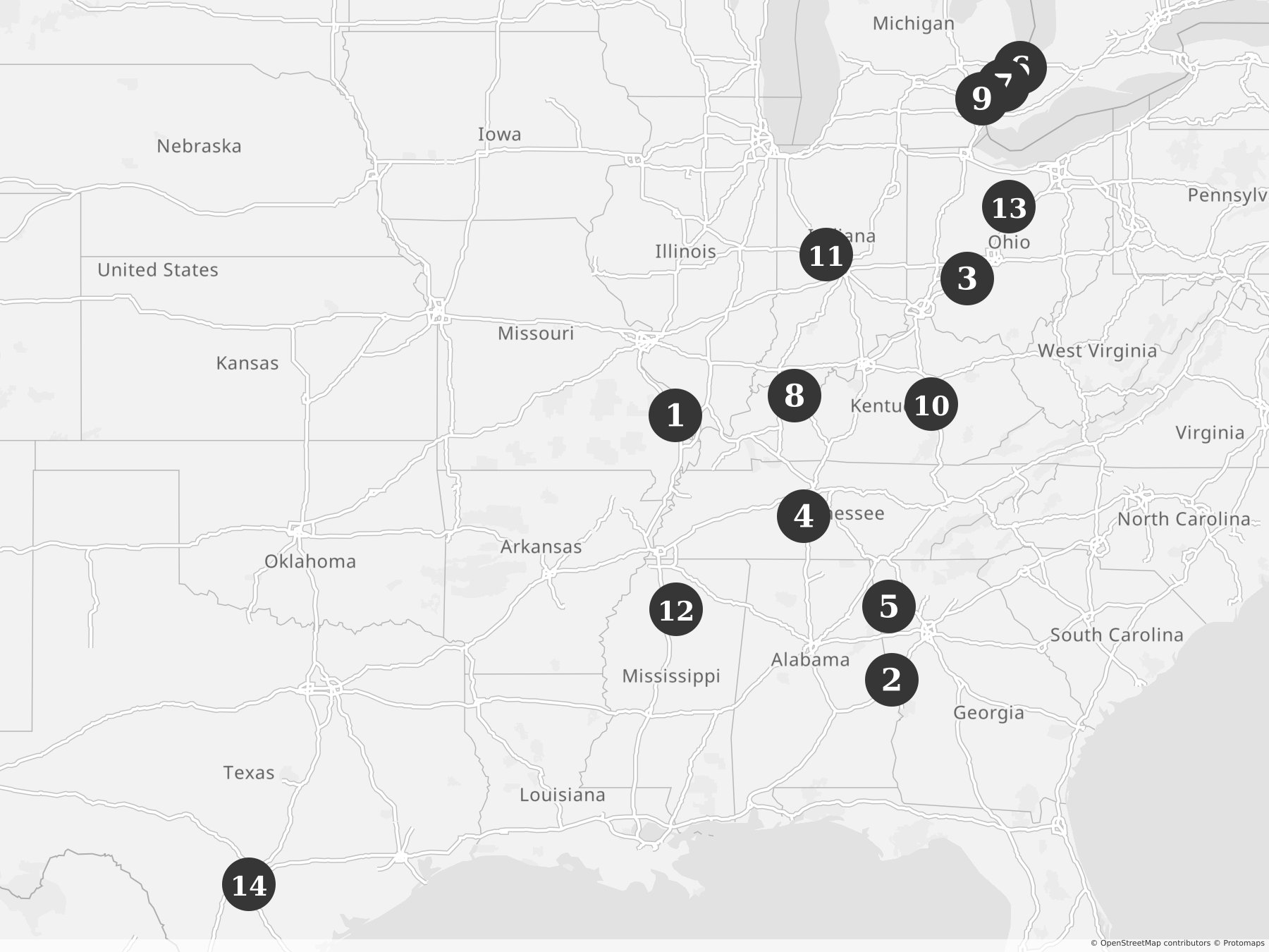 Map showing locations of recent project announcements