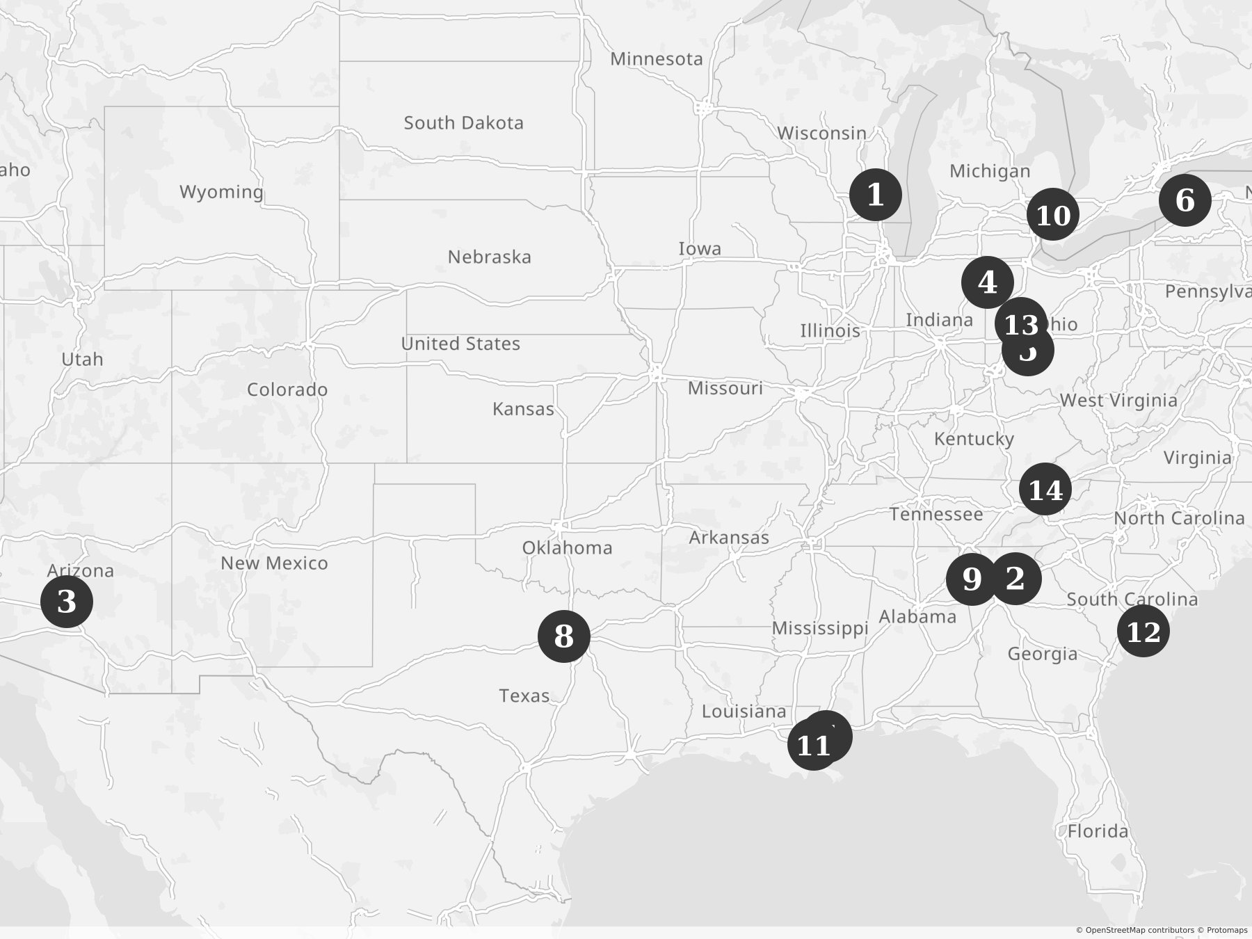 Map showing locations of recent project announcements
