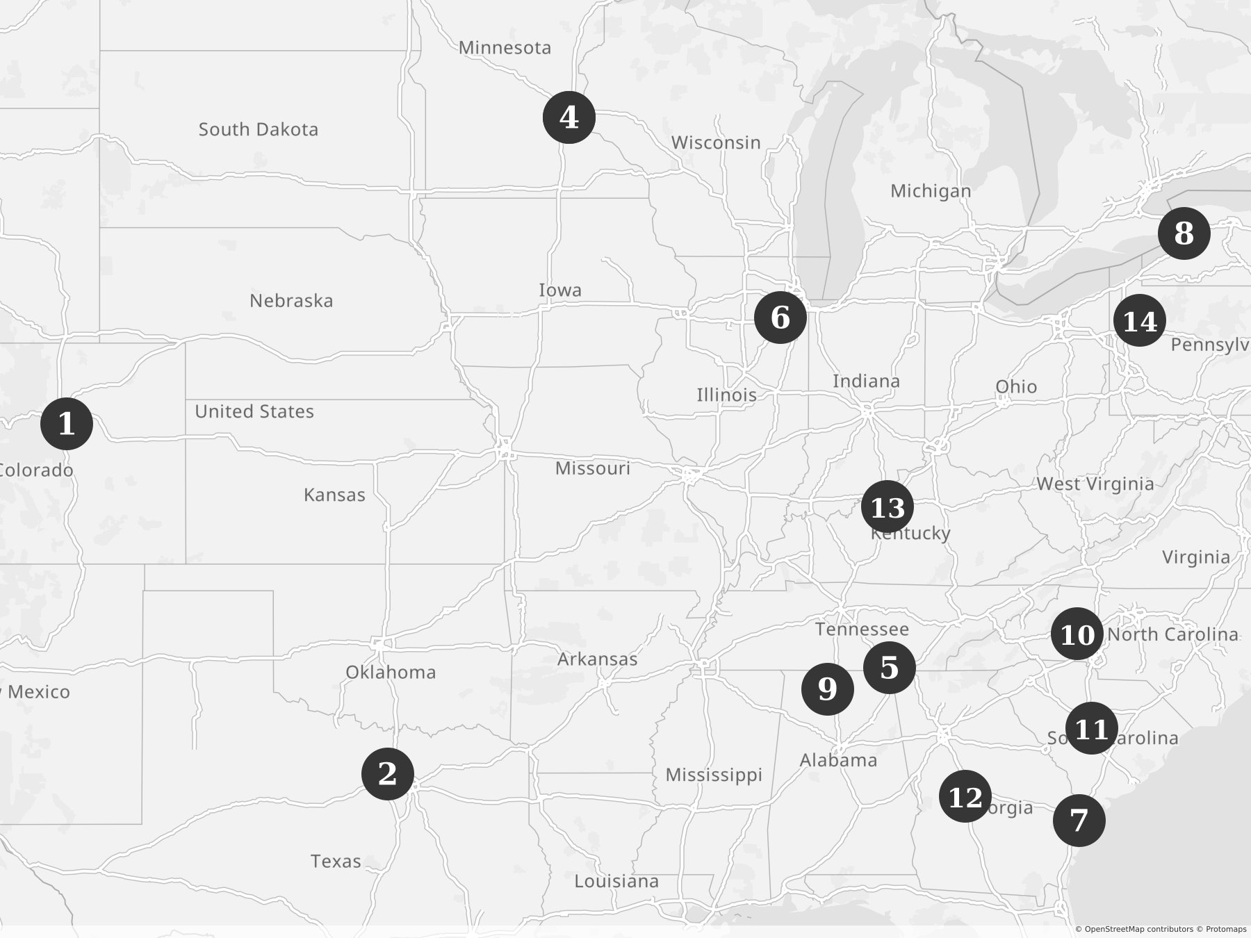 Map showing locations of recent project announcements