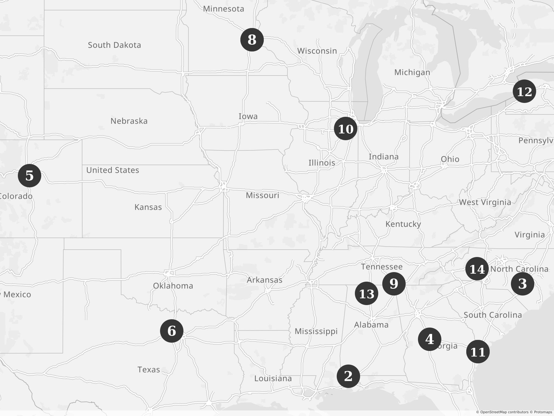 Map showing locations of recent project announcements