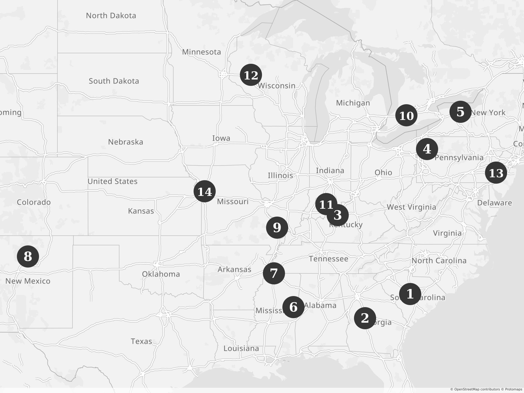 Map showing locations of recent project announcements