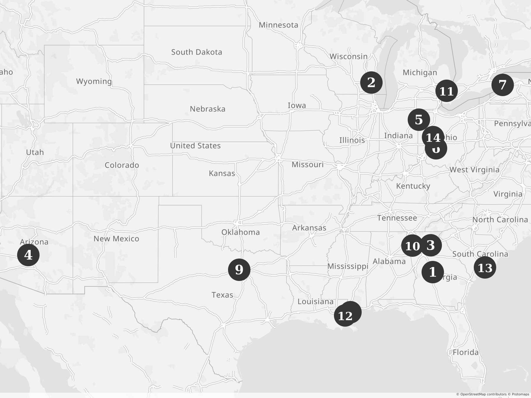 Map showing locations of recent project announcements