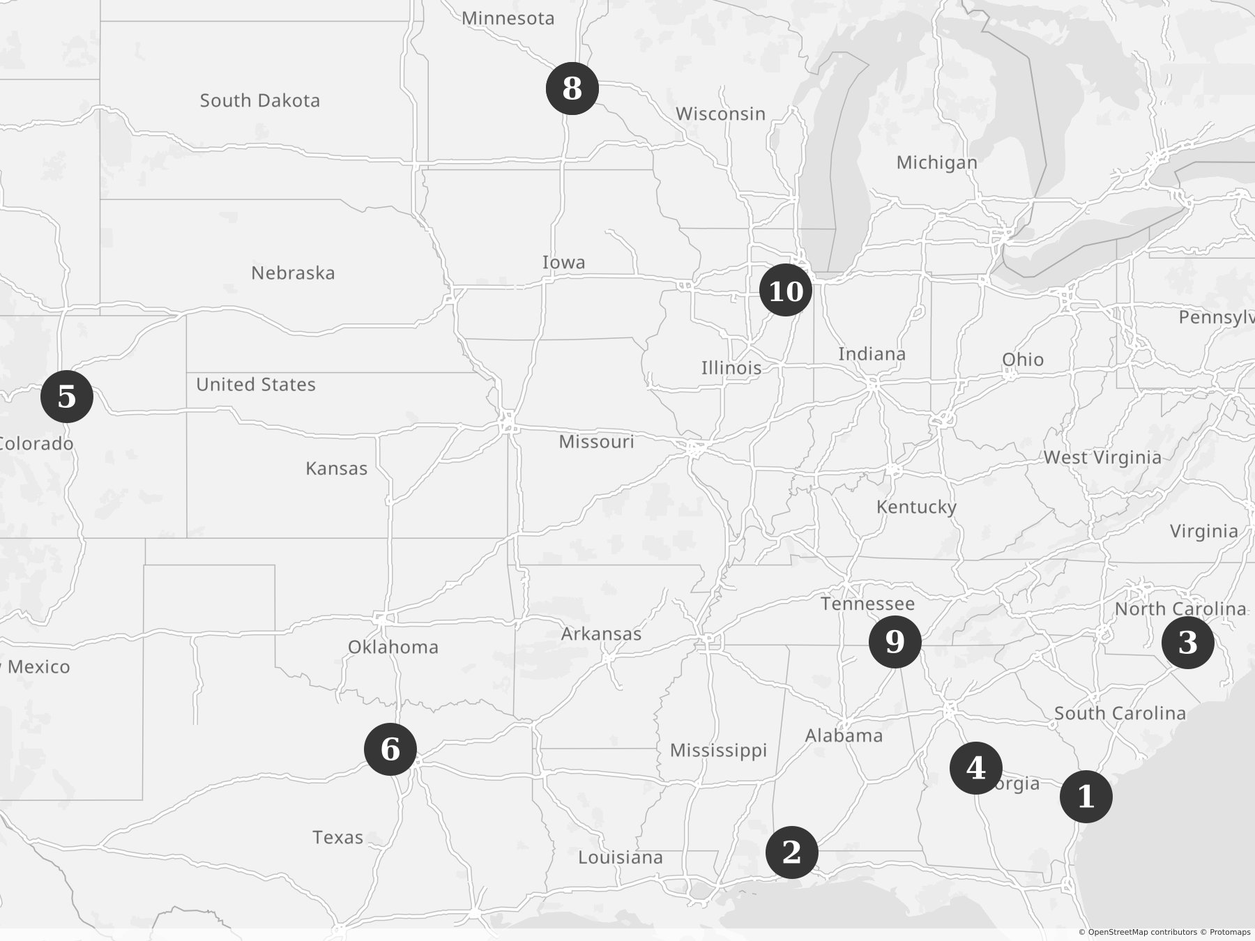 Map showing locations of recent project announcements
