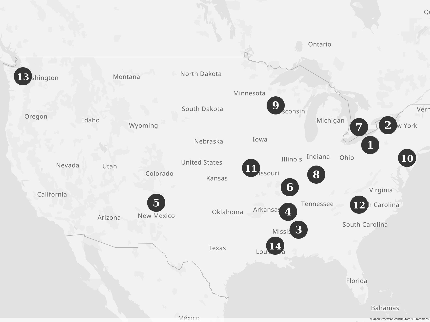 Map showing locations of recent project announcements