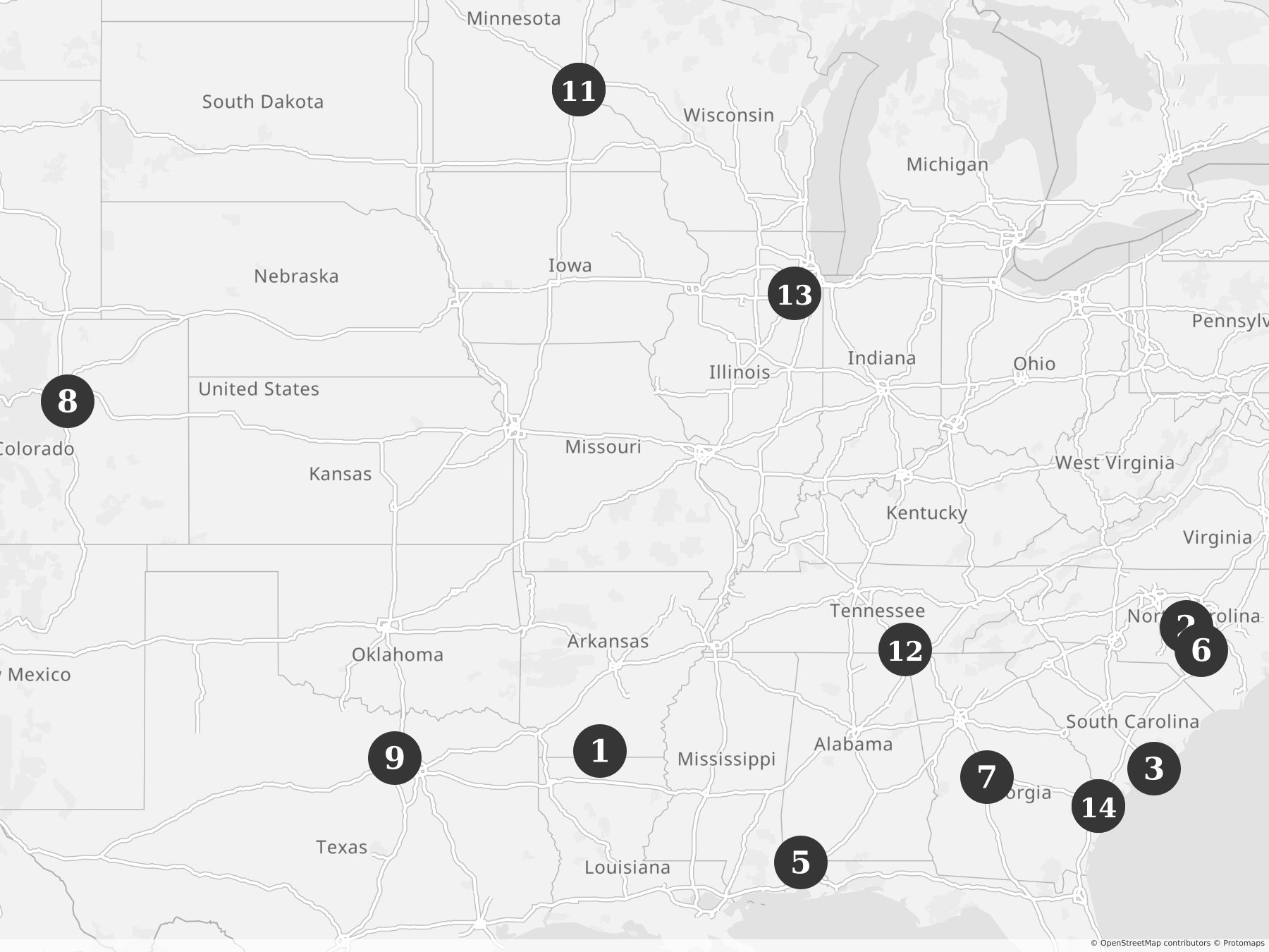Map showing locations of recent project announcements