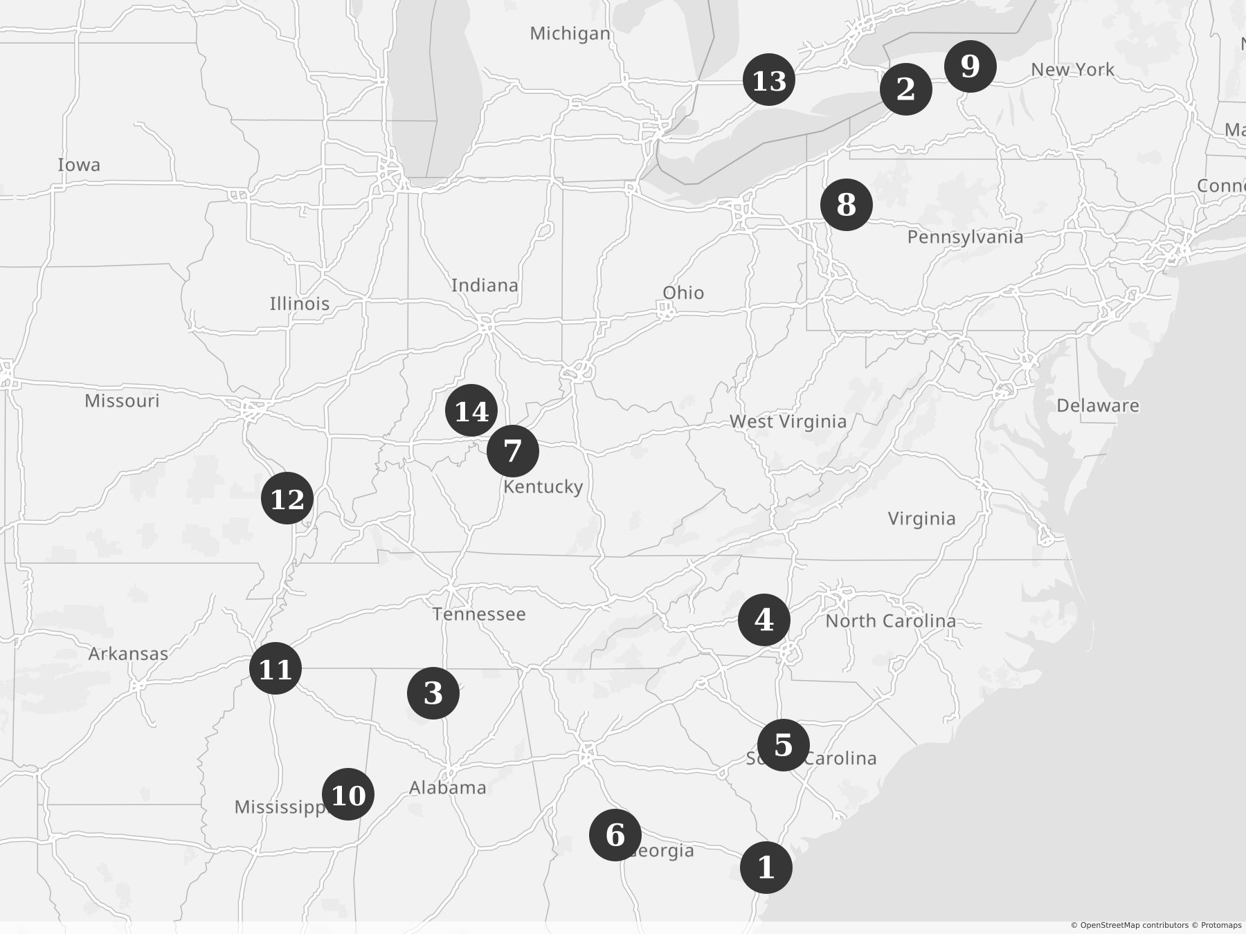 Map showing locations of recent project announcements