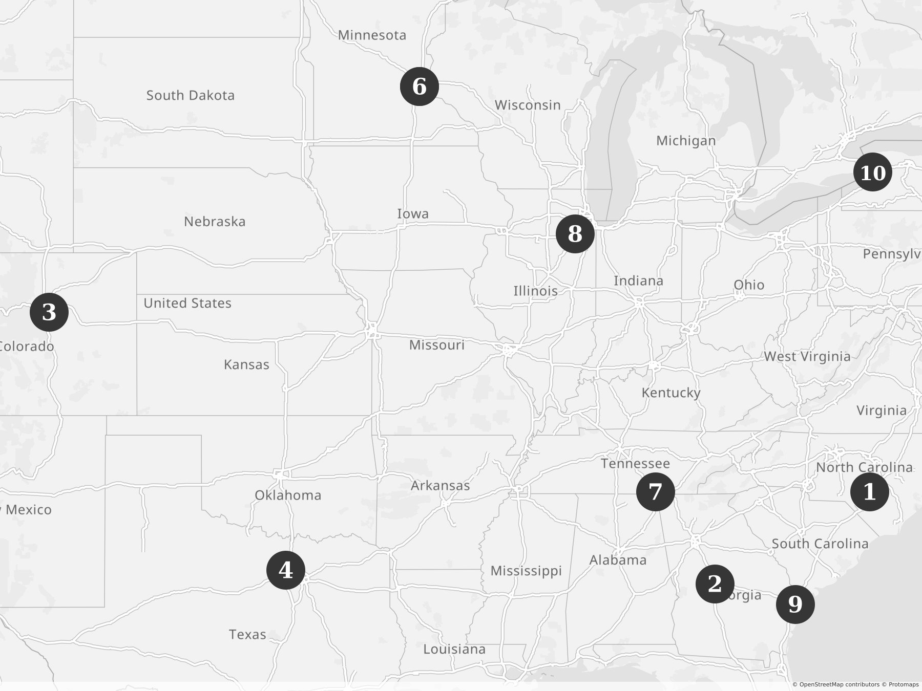 Map showing locations of recent project announcements