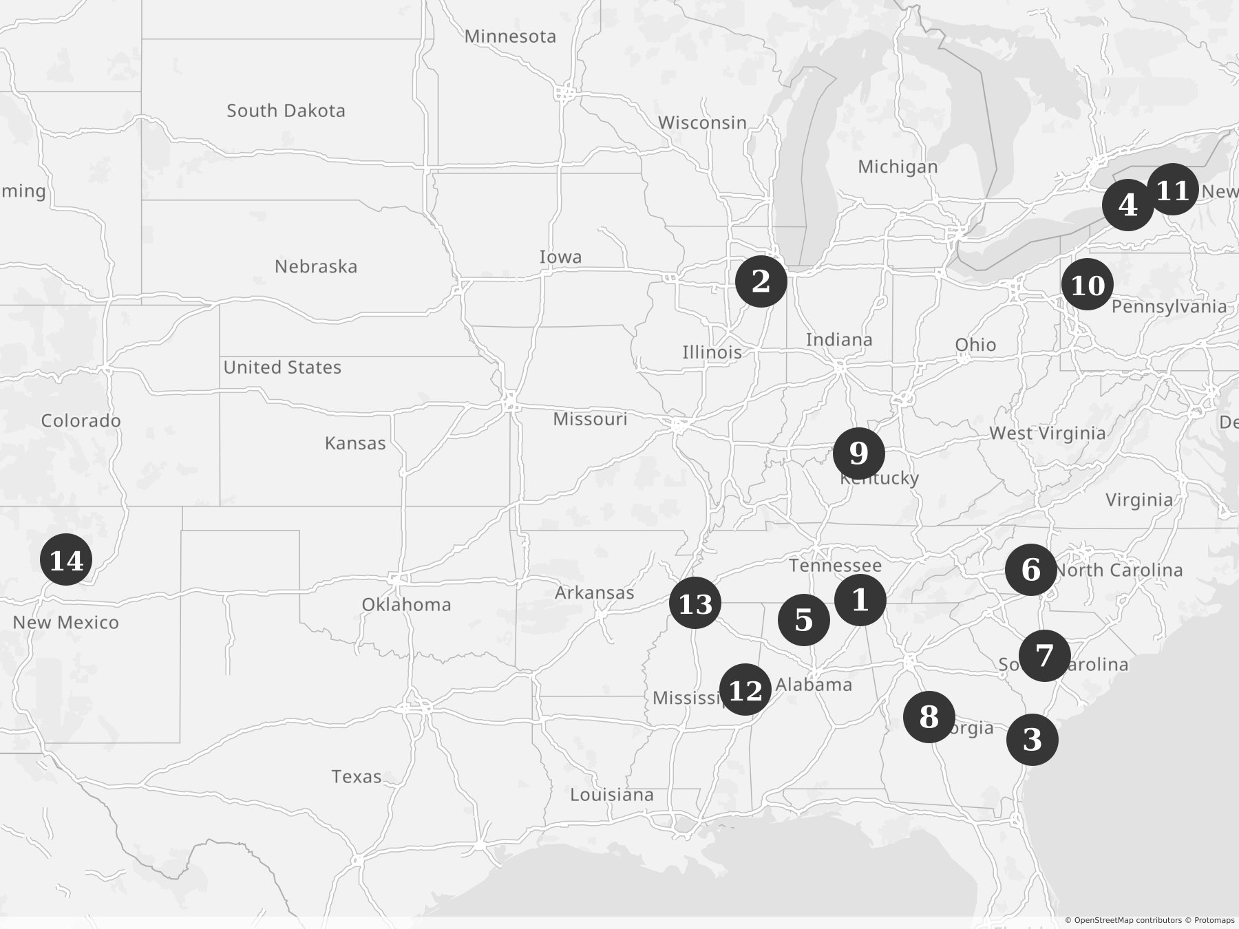 Map showing locations of recent project announcements