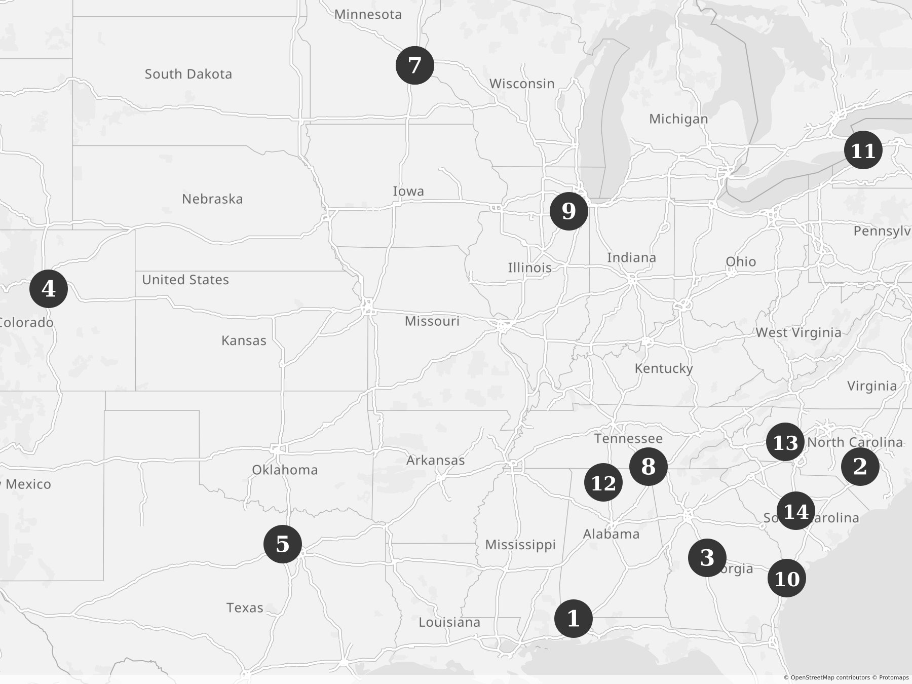 Map showing locations of recent project announcements