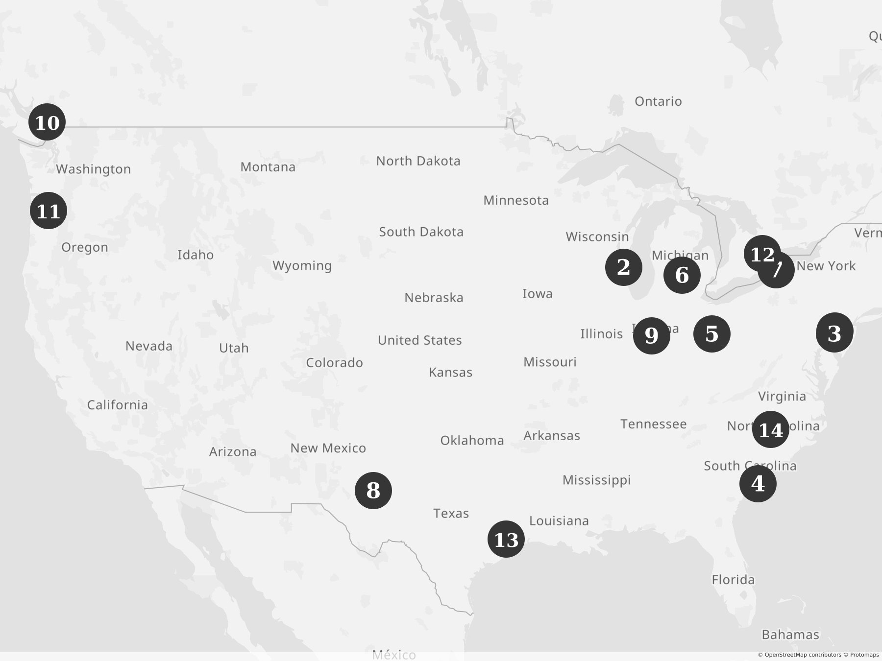 Map showing locations of recent project announcements