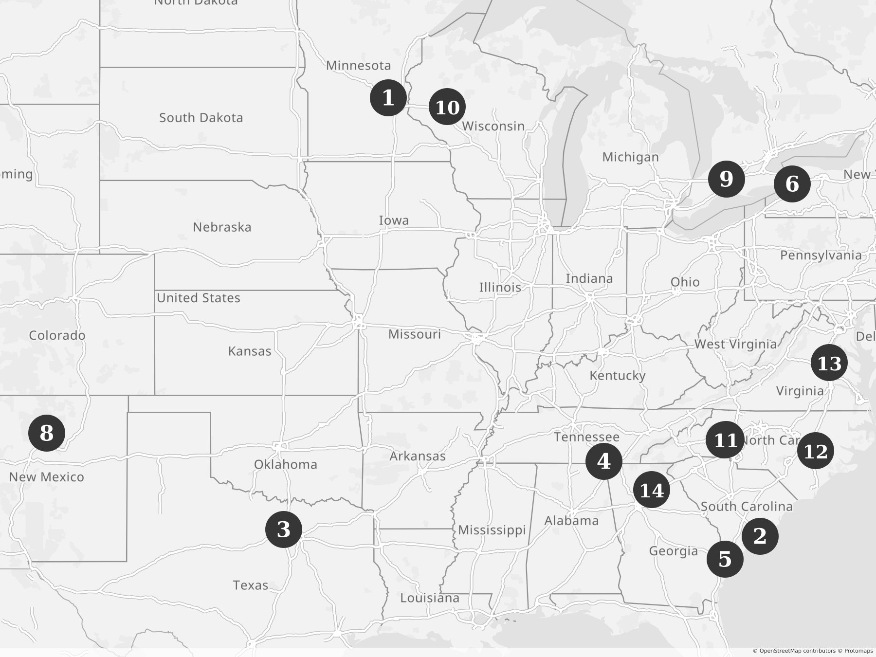 Map showing locations of recent project announcements
