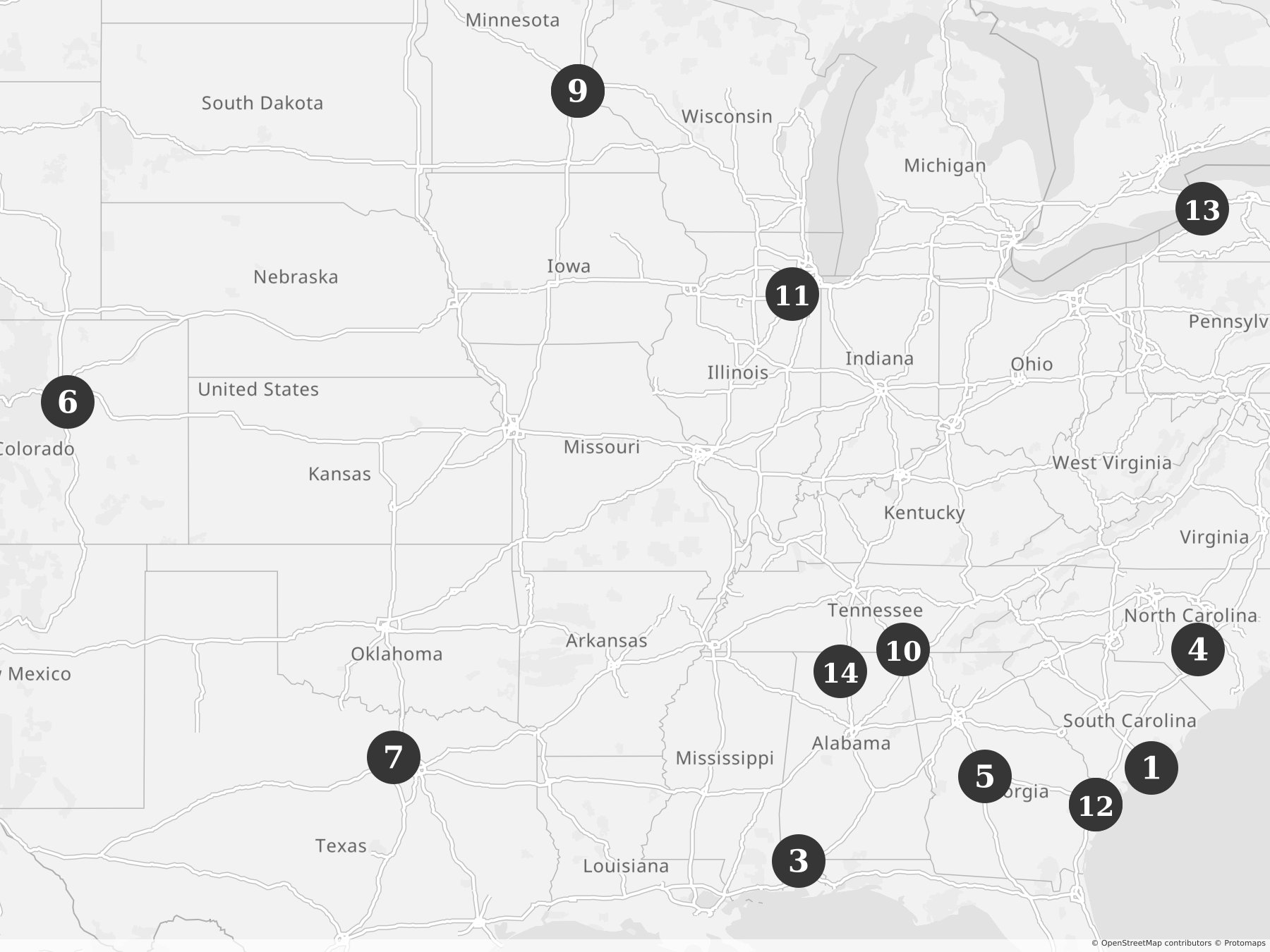 Map showing locations of recent project announcements