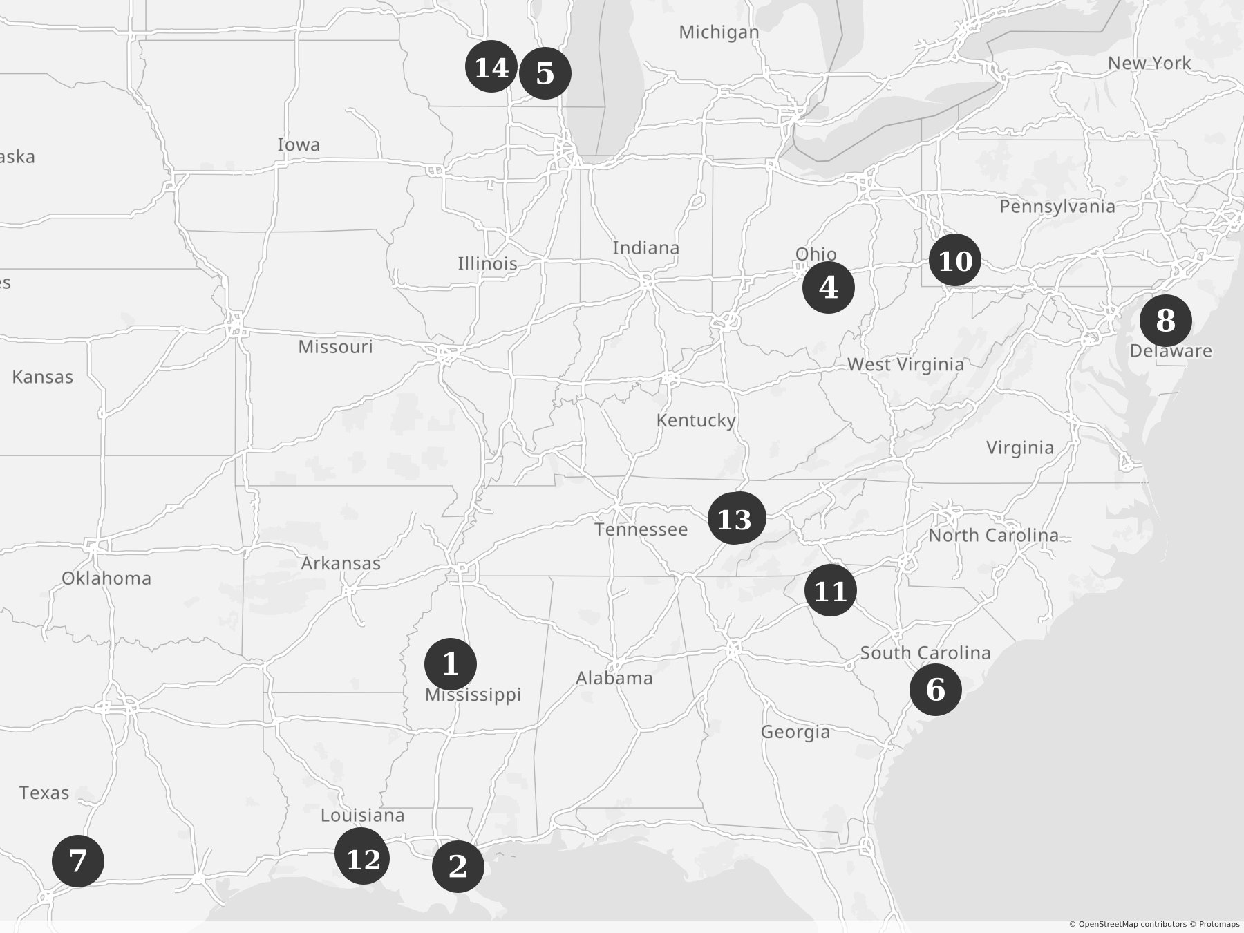 Map showing locations of recent project announcements