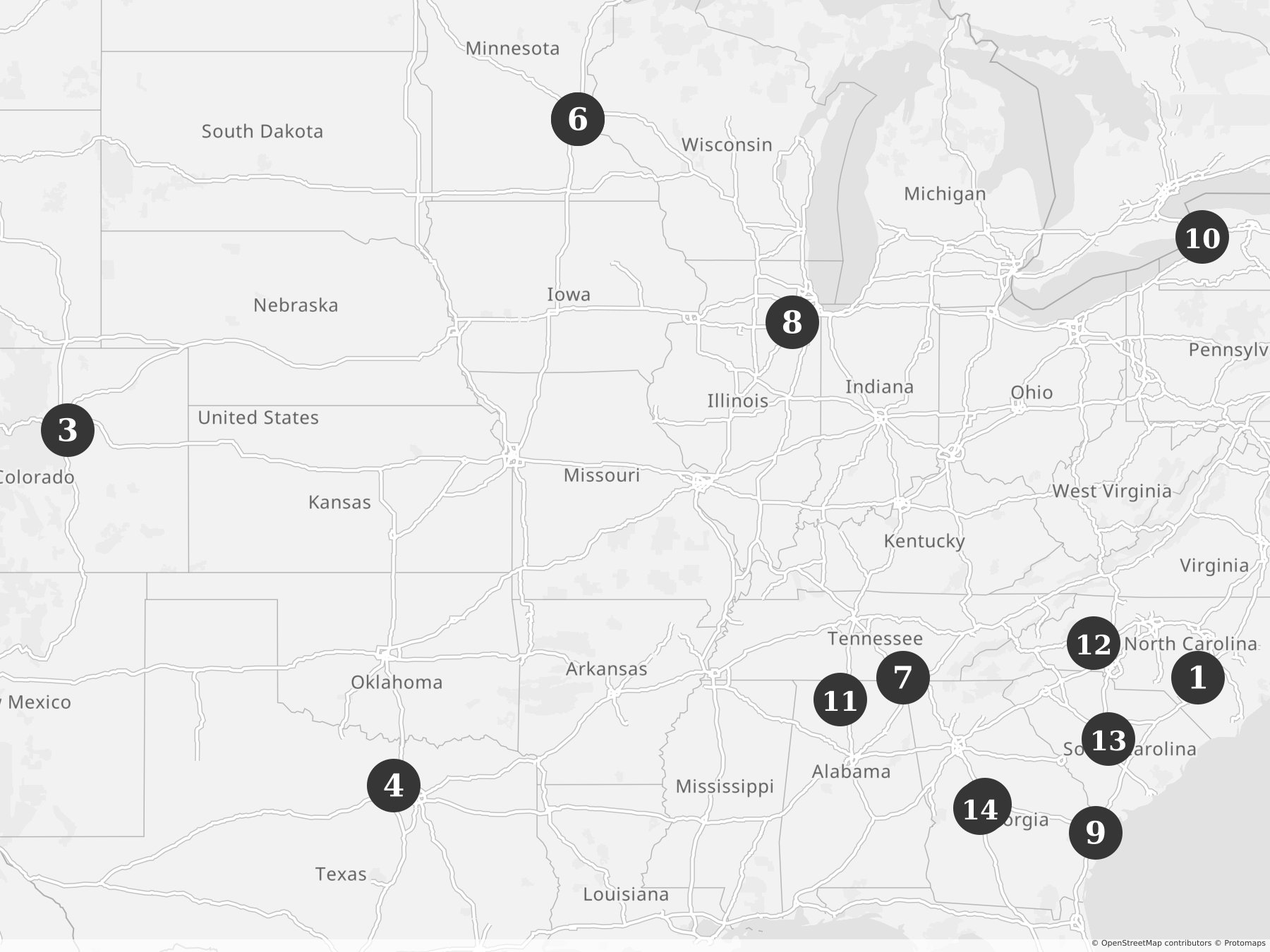 Map showing locations of recent project announcements