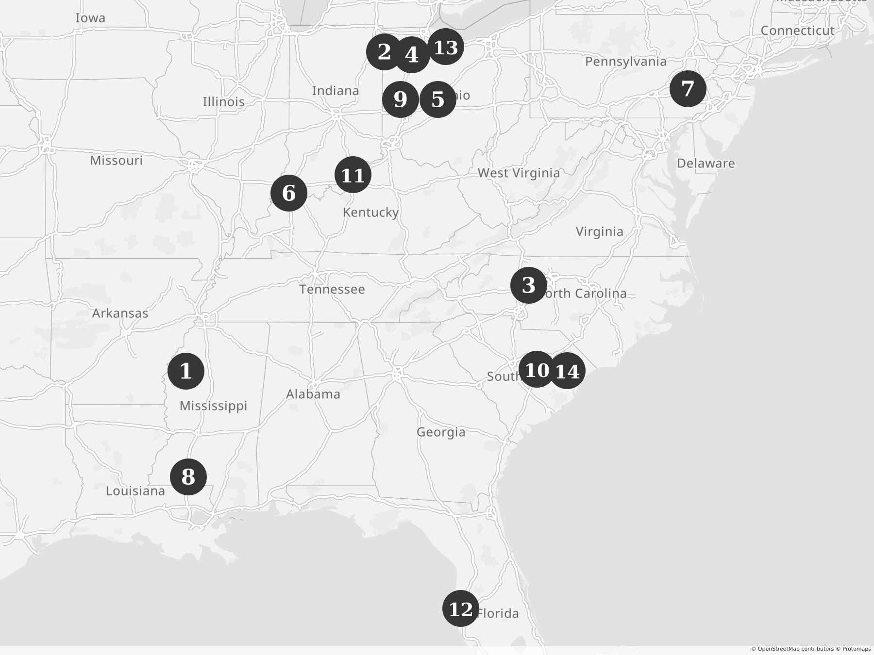 Map showing locations of recent project announcements