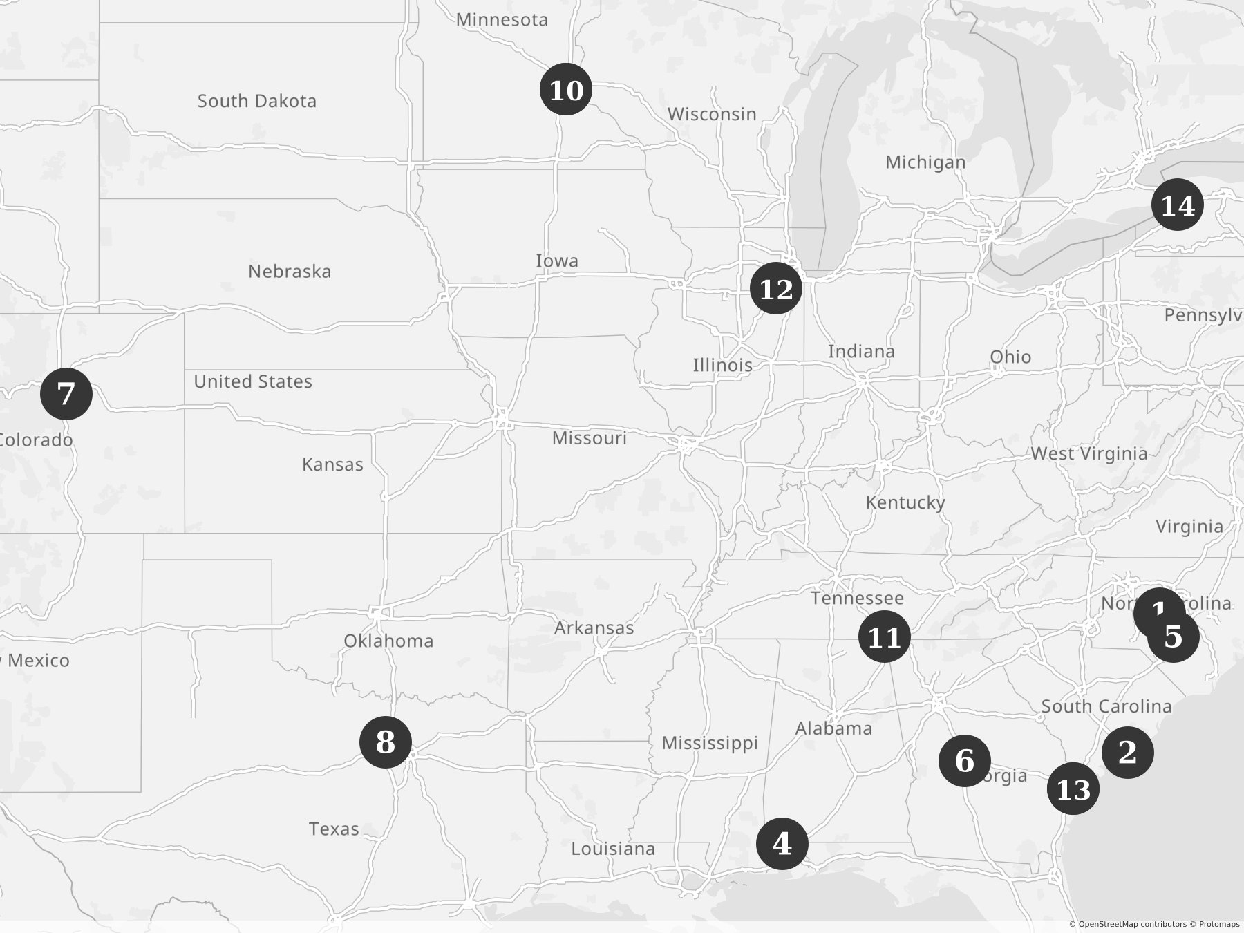 Map showing locations of recent project announcements