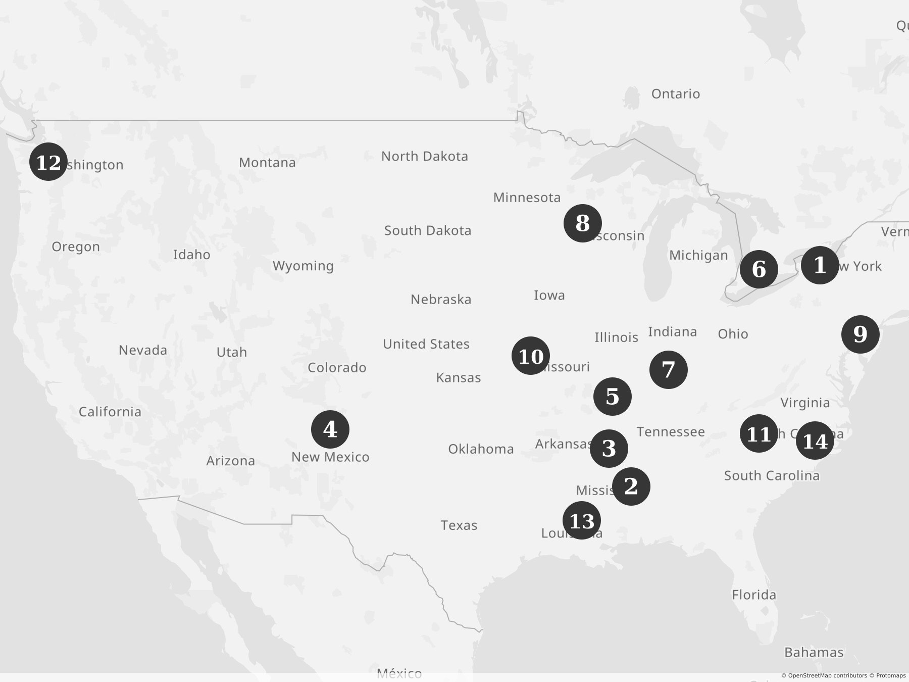 Map showing locations of recent project announcements