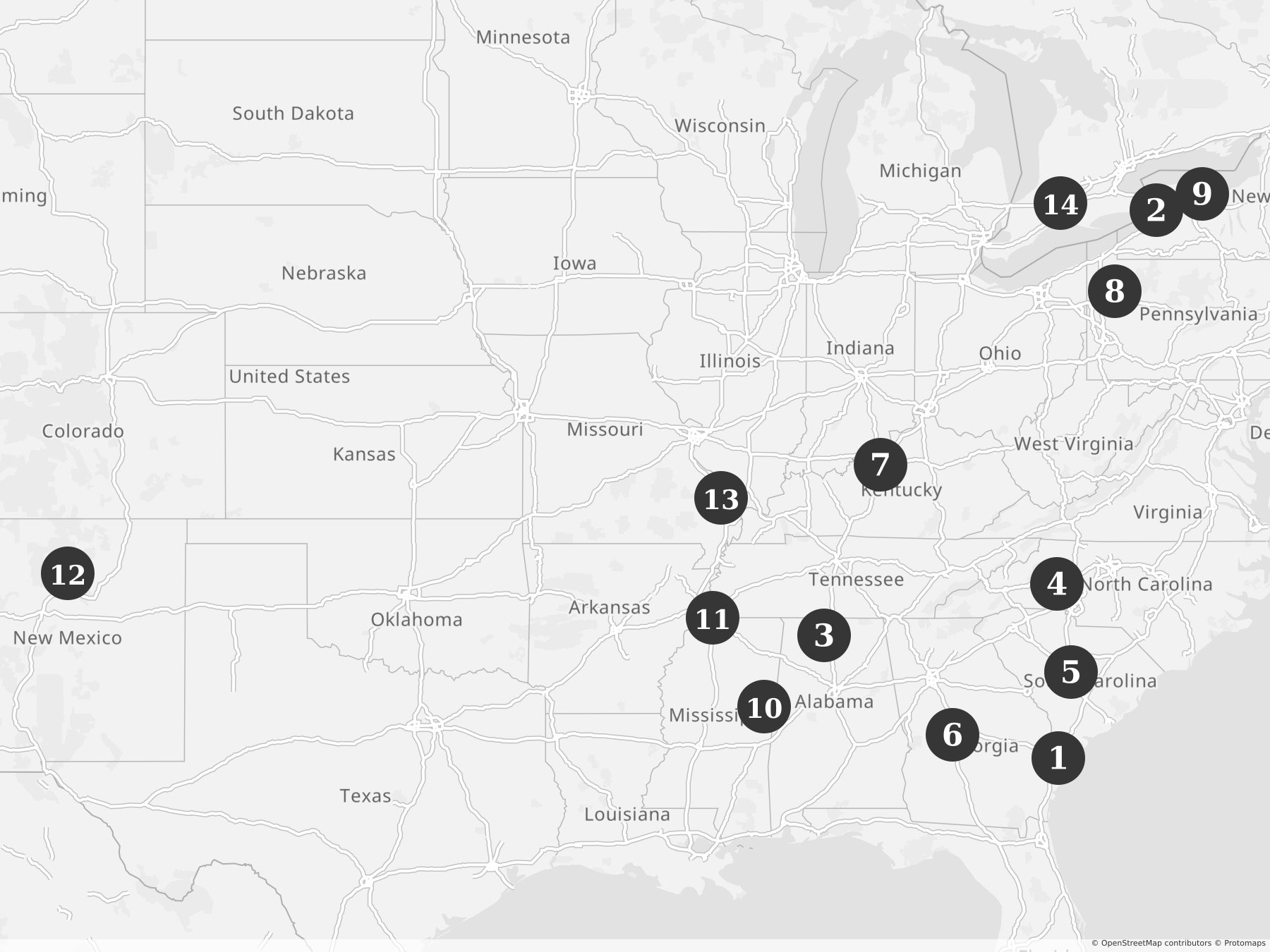 Map showing locations of recent project announcements