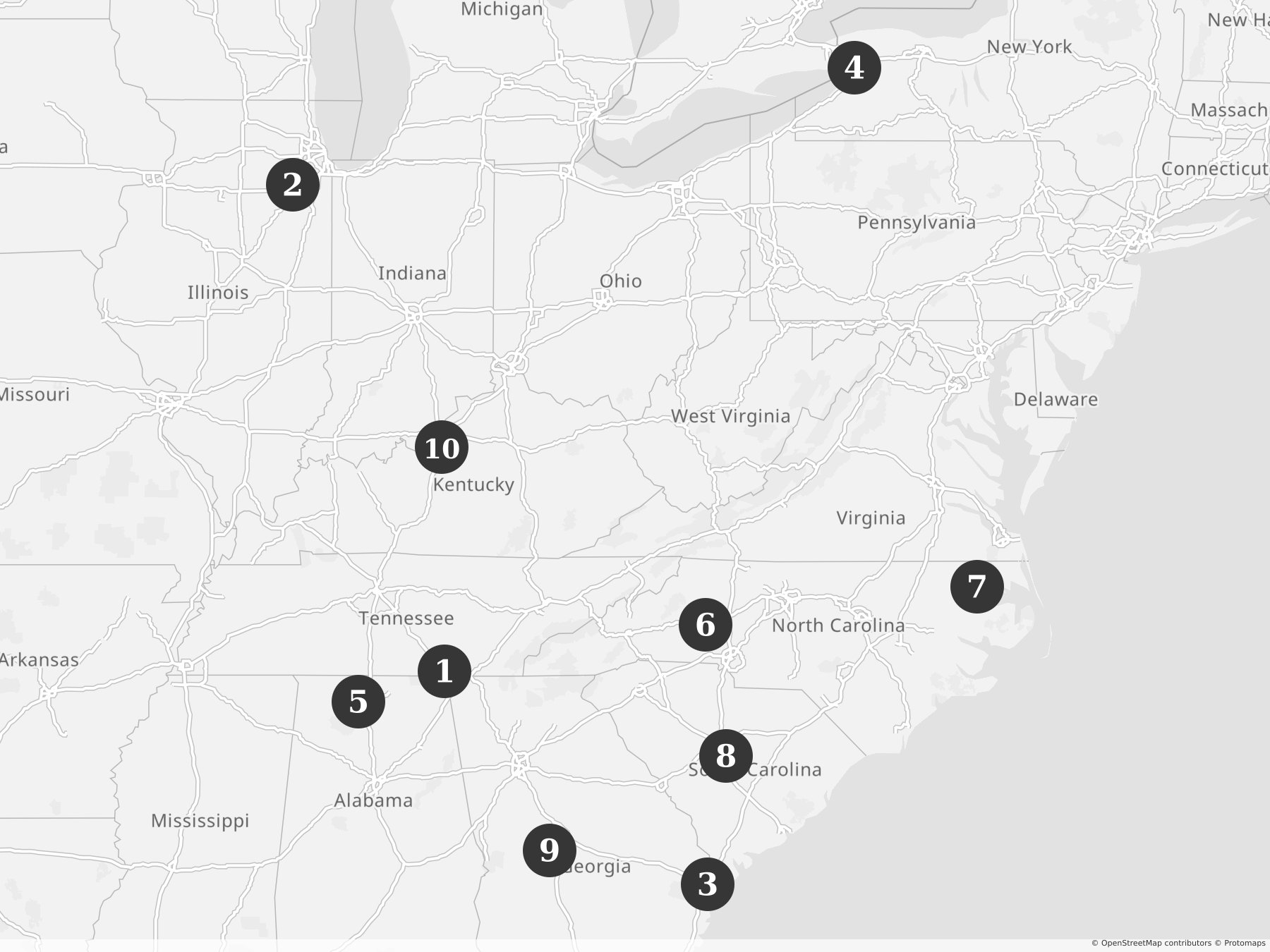 Map showing locations of recent project announcements