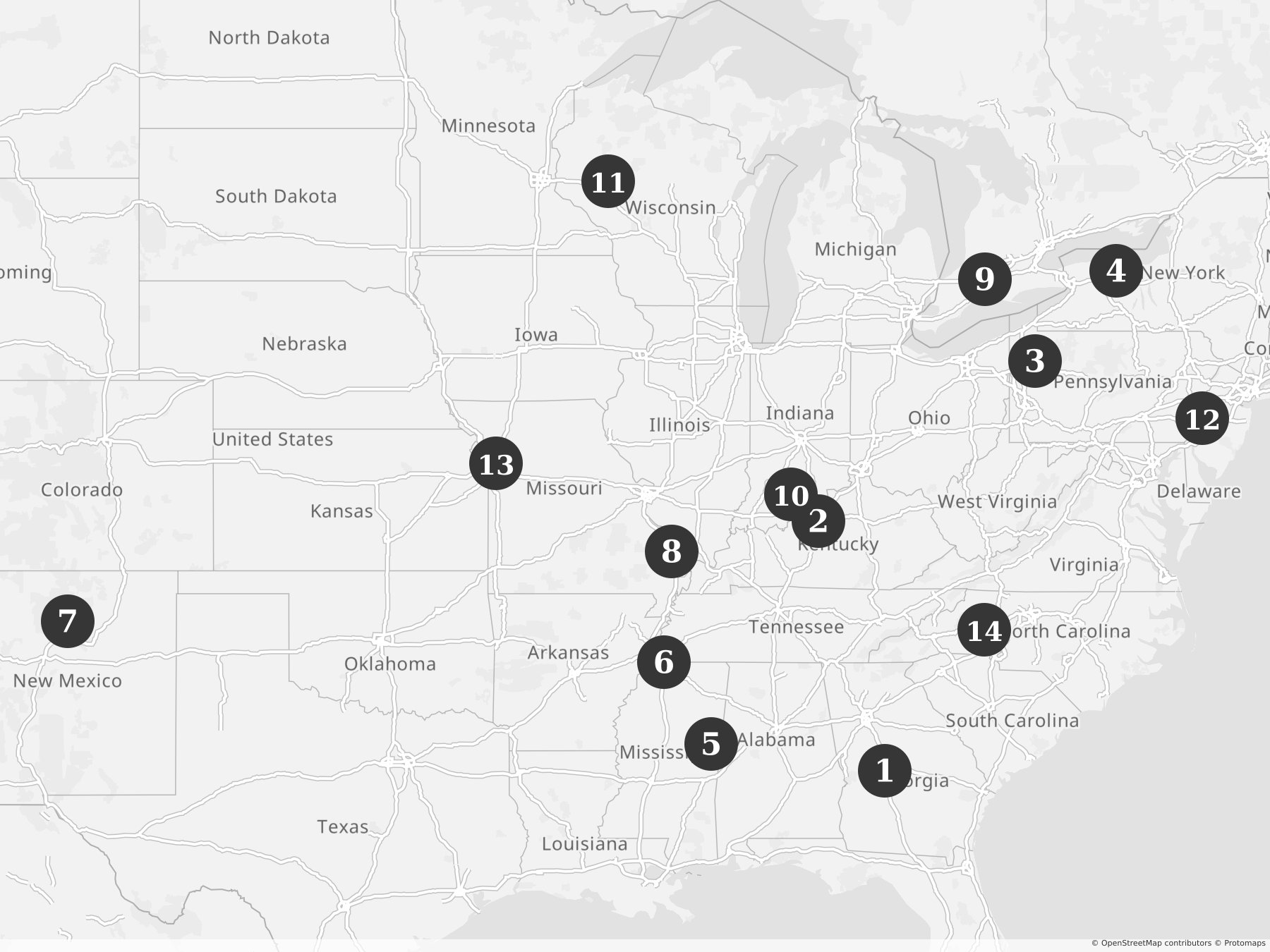 Map showing locations of recent project announcements