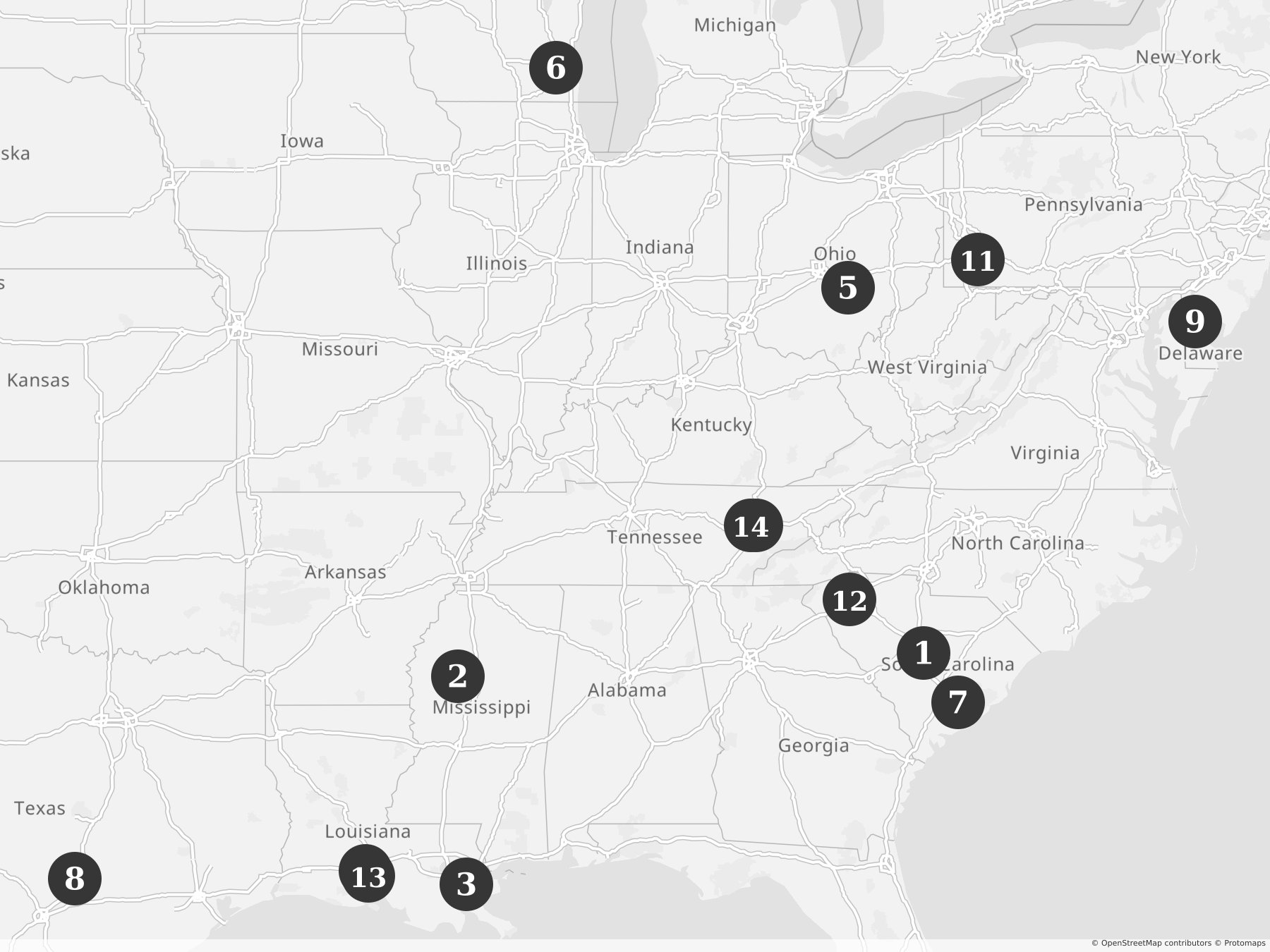 Map showing locations of recent project announcements