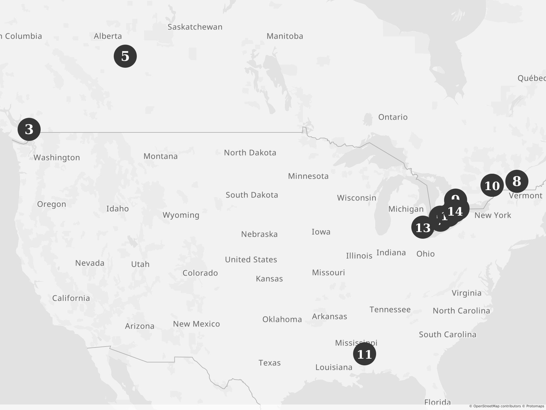 Map showing locations of recent project announcements