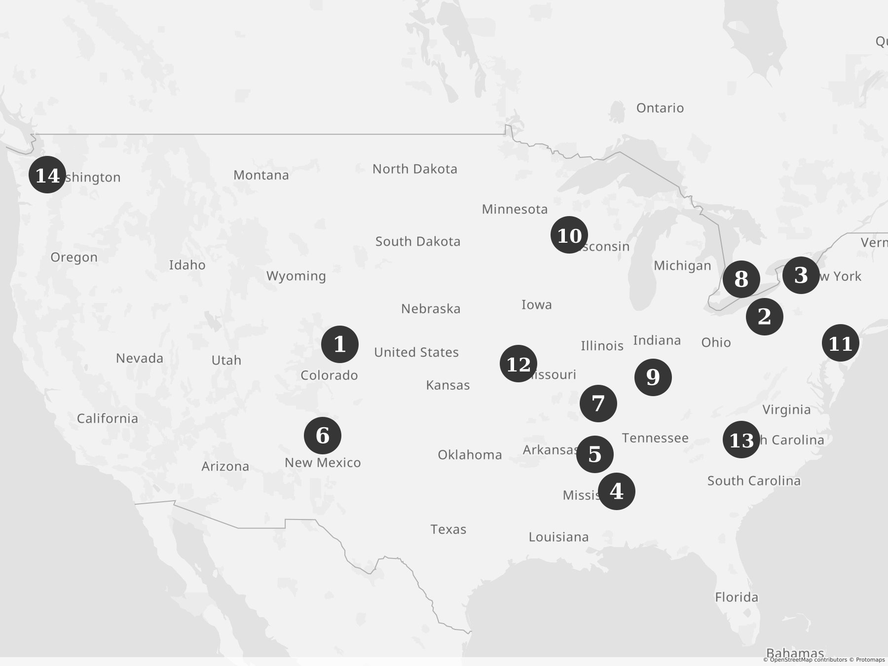 Map showing locations of recent project announcements