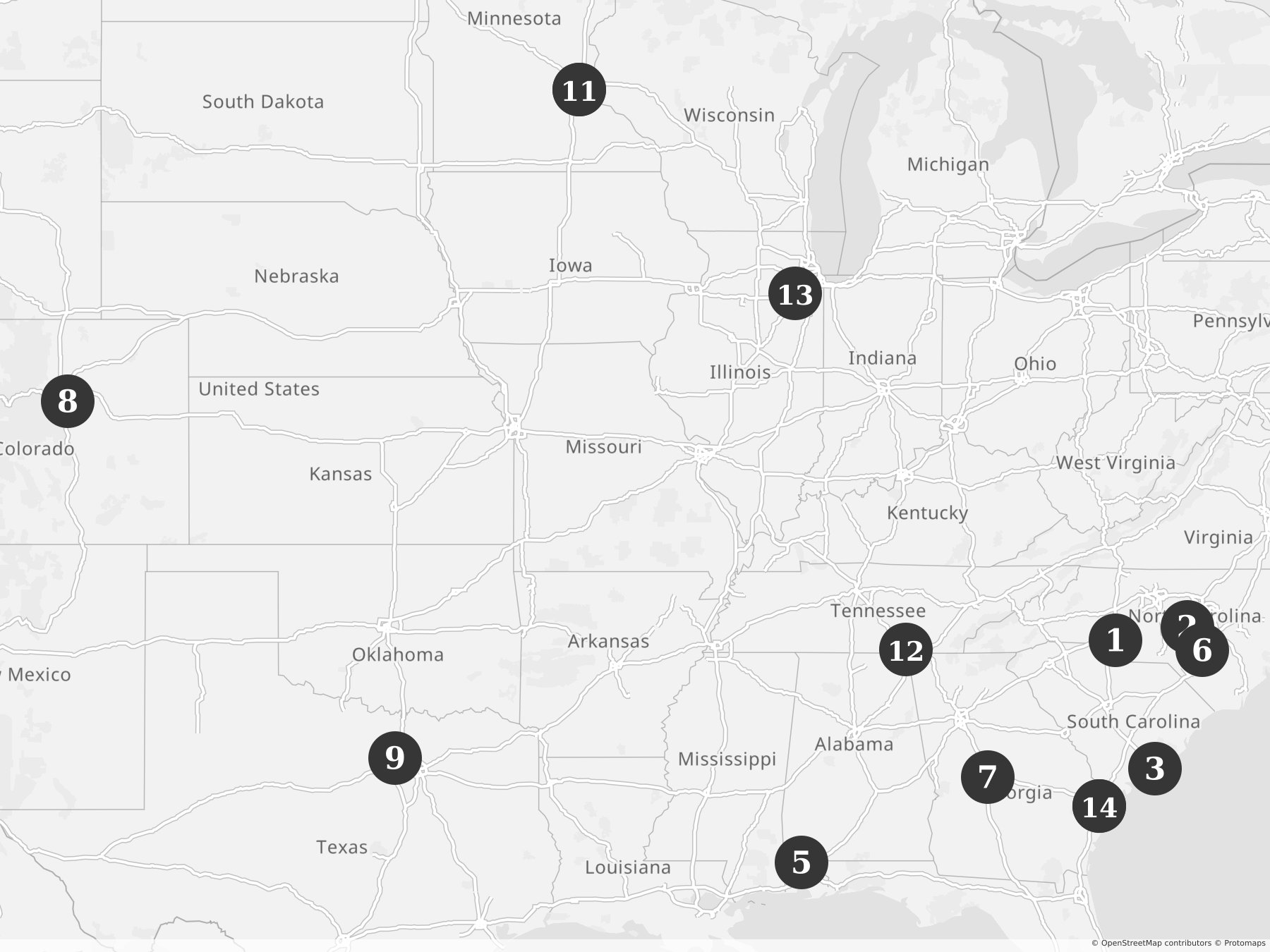 Map showing locations of recent project announcements