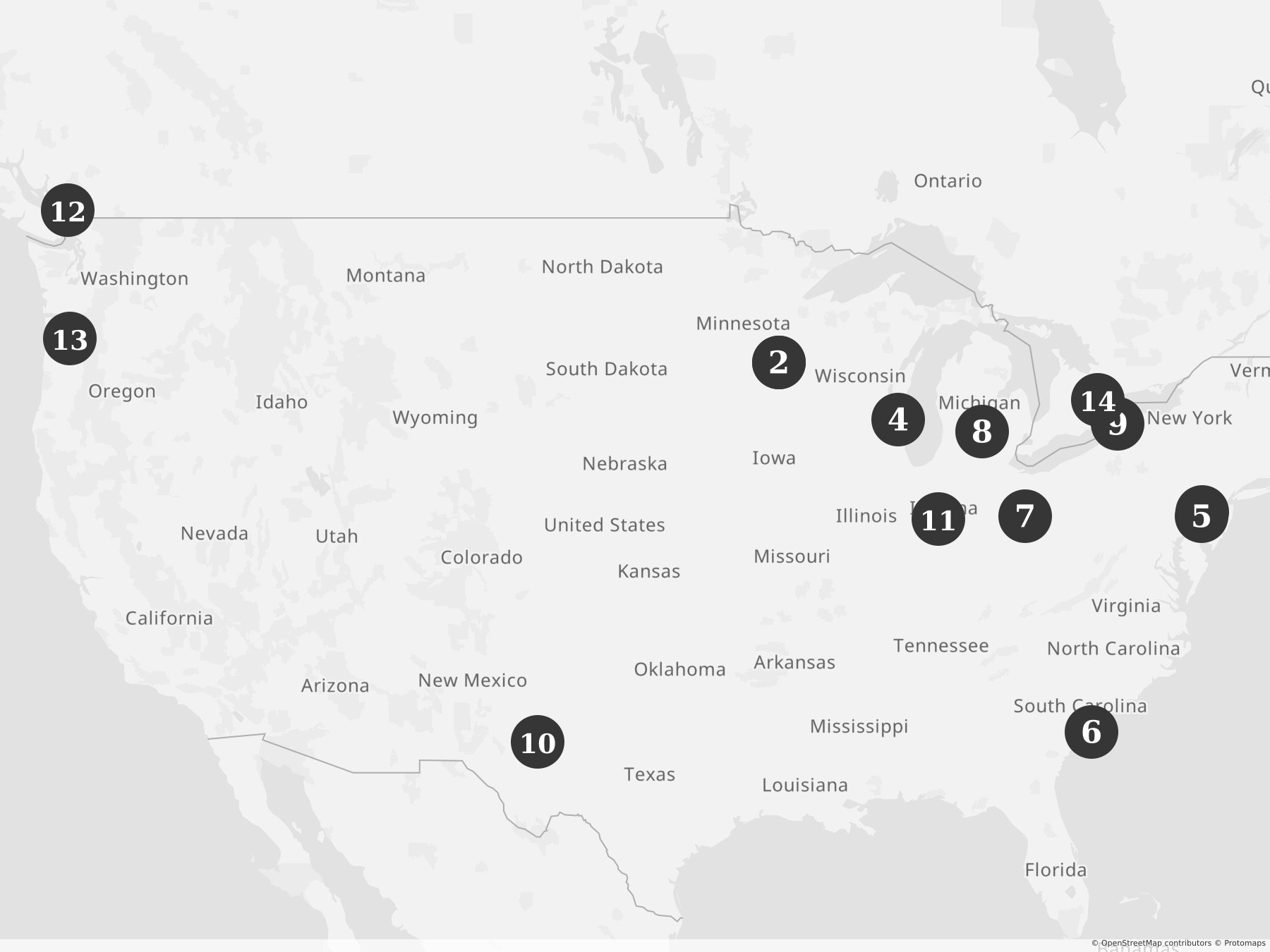 Map showing locations of recent project announcements