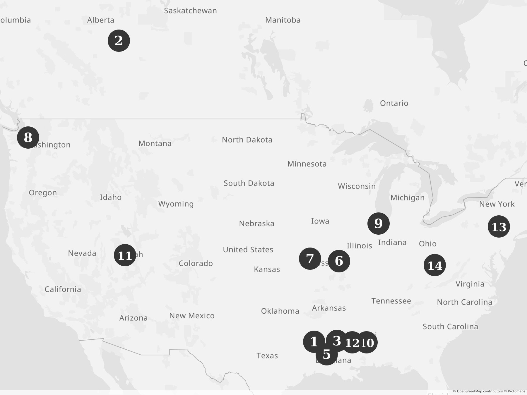 Map showing locations of recent project announcements