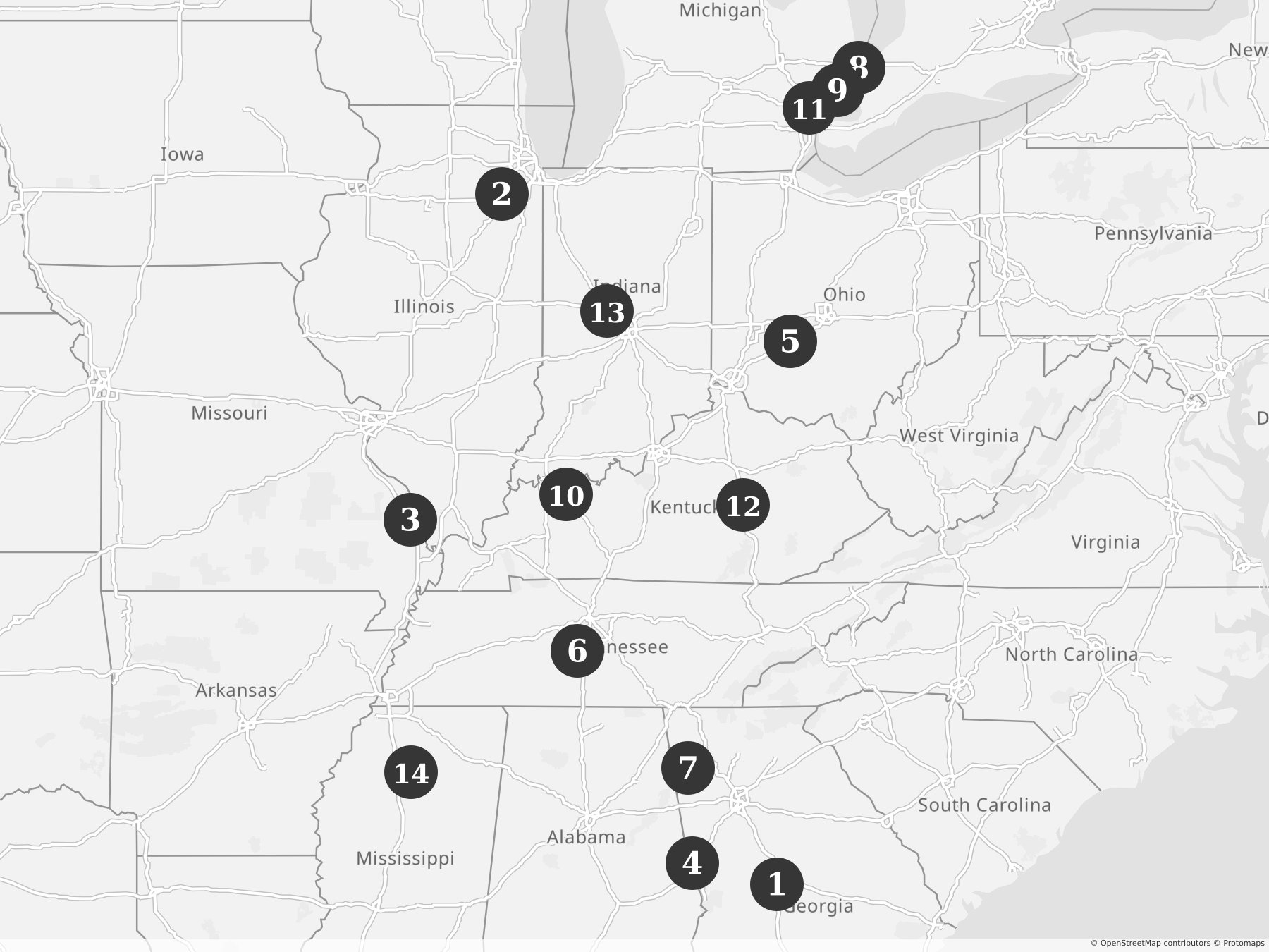 Map showing locations of recent project announcements