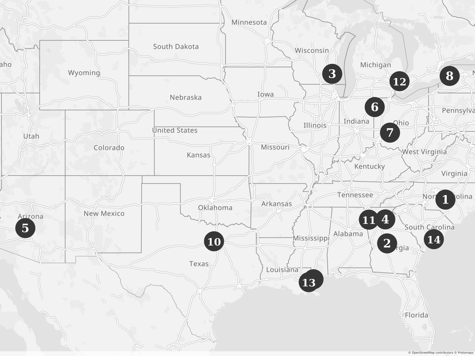 Map showing locations of recent project announcements