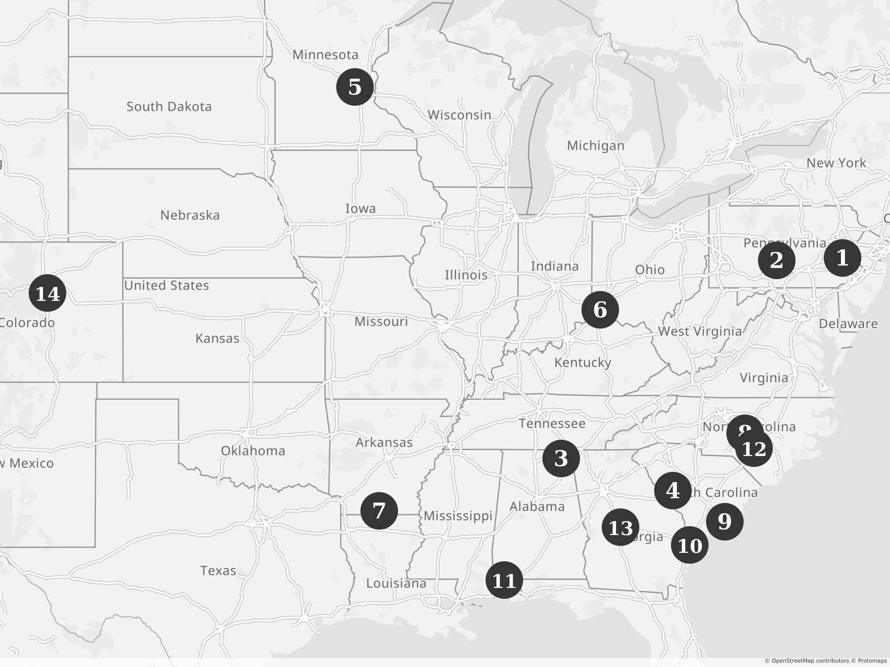 Map showing locations of recent project announcements
