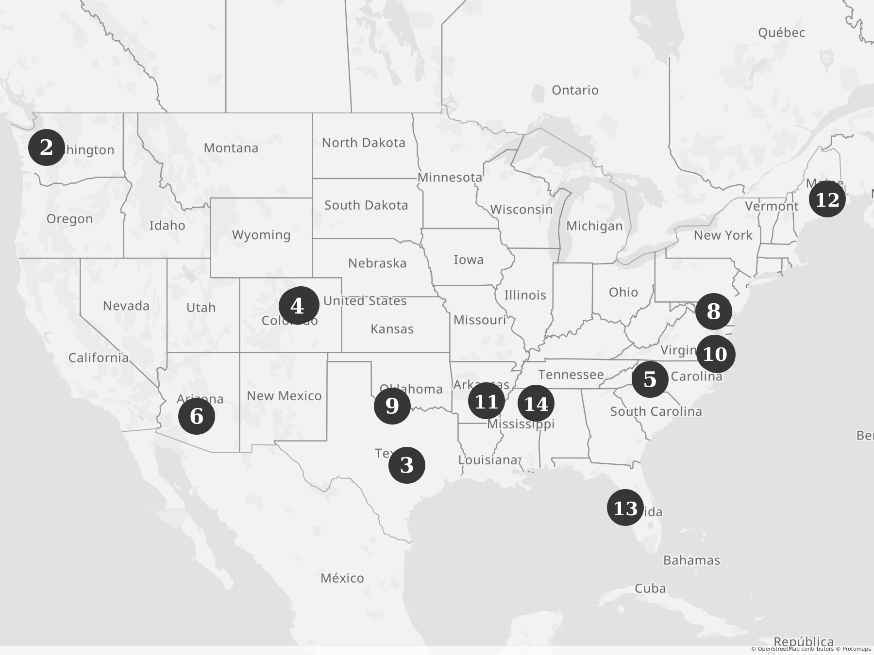 Map showing locations of recent project announcements