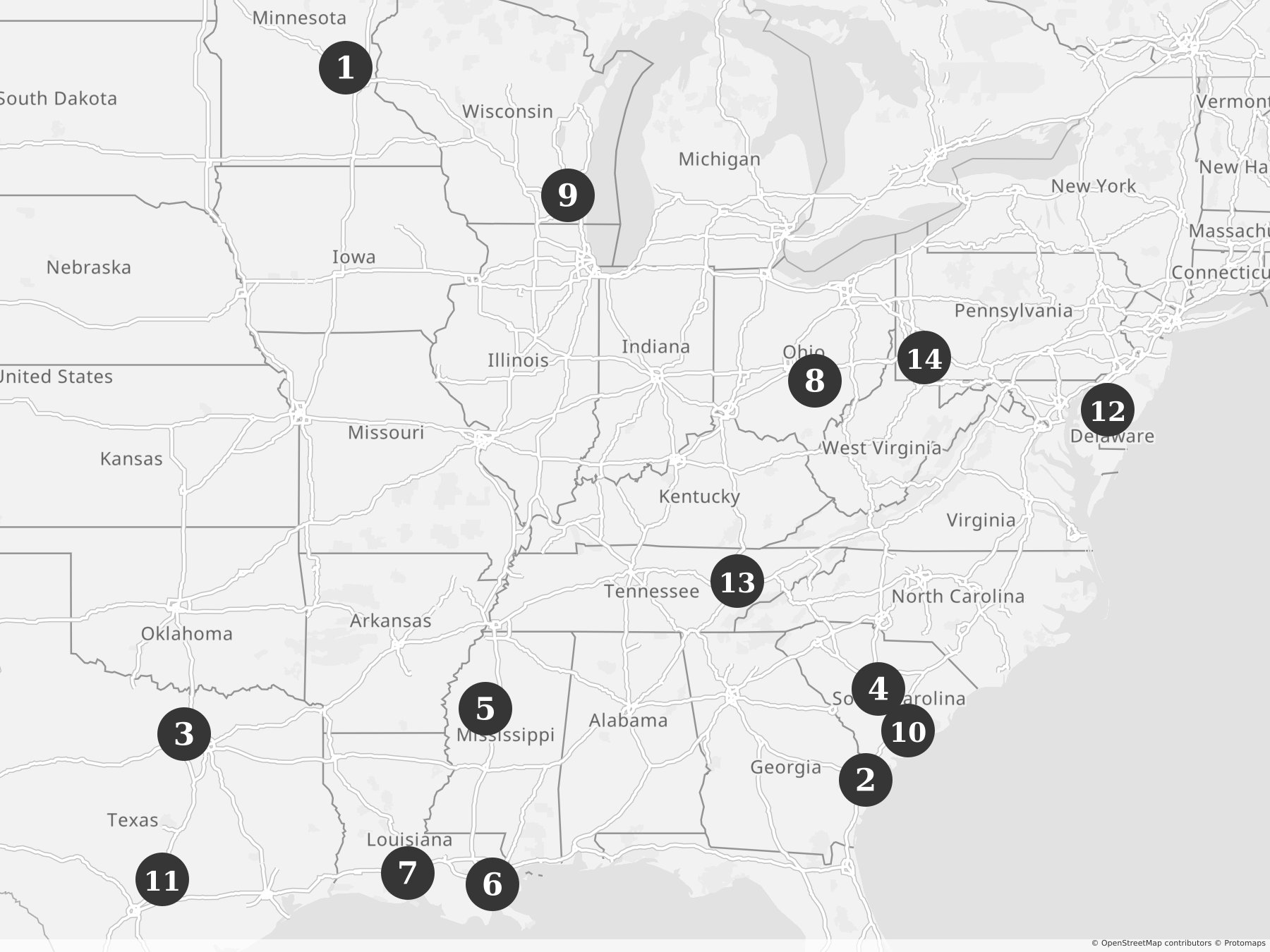 Map showing locations of recent project announcements