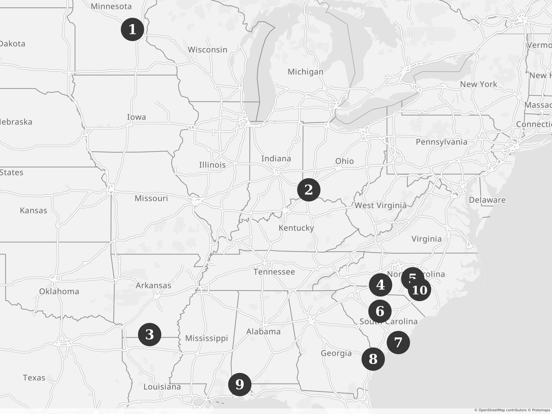 Map showing locations of recent project announcements