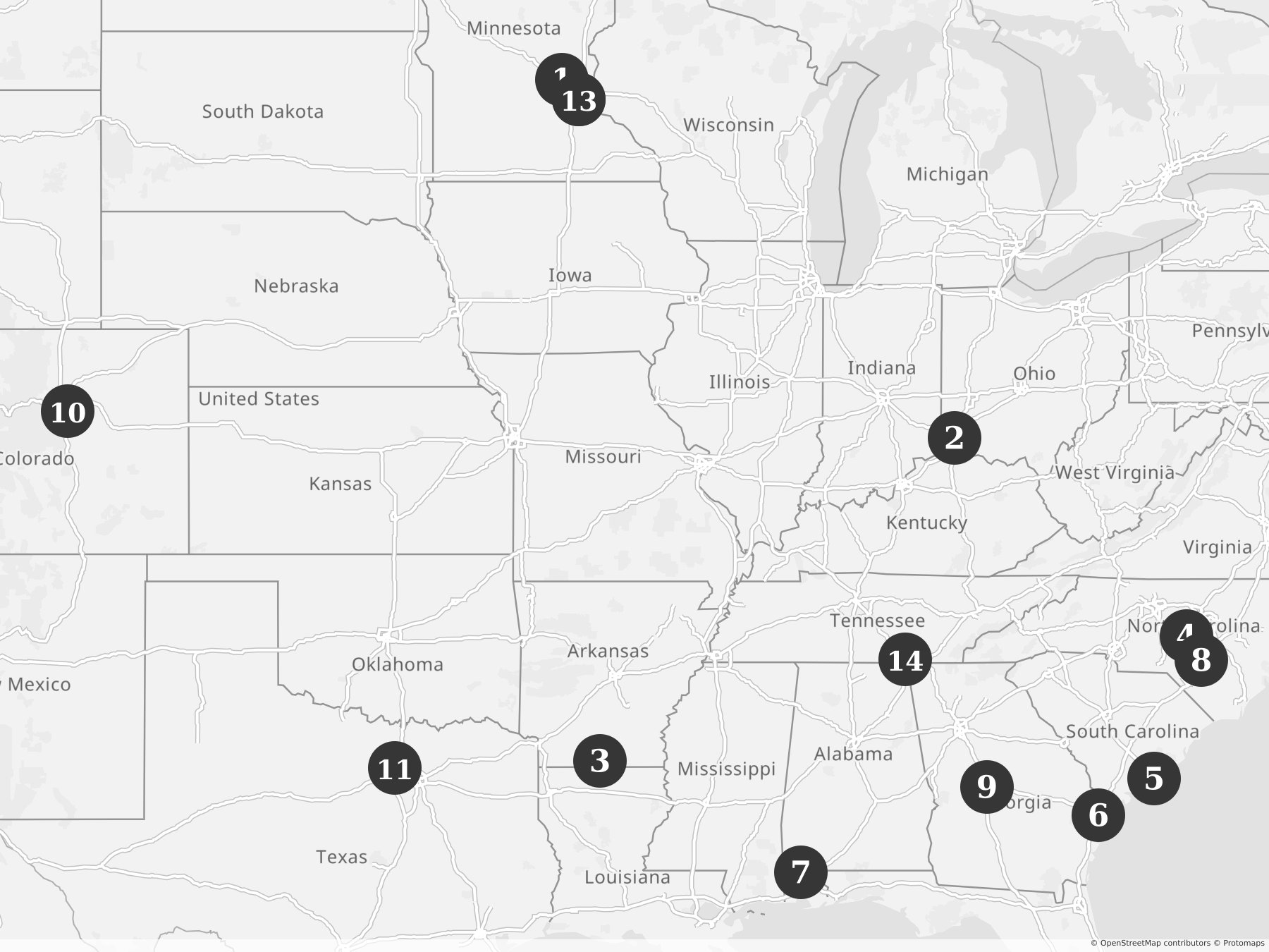 Map showing locations of recent project announcements