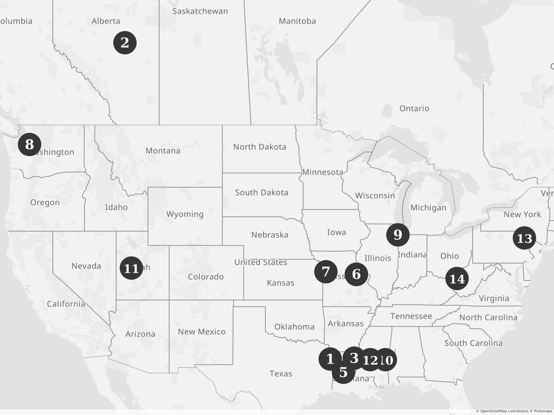 Map showing locations of recent project announcements